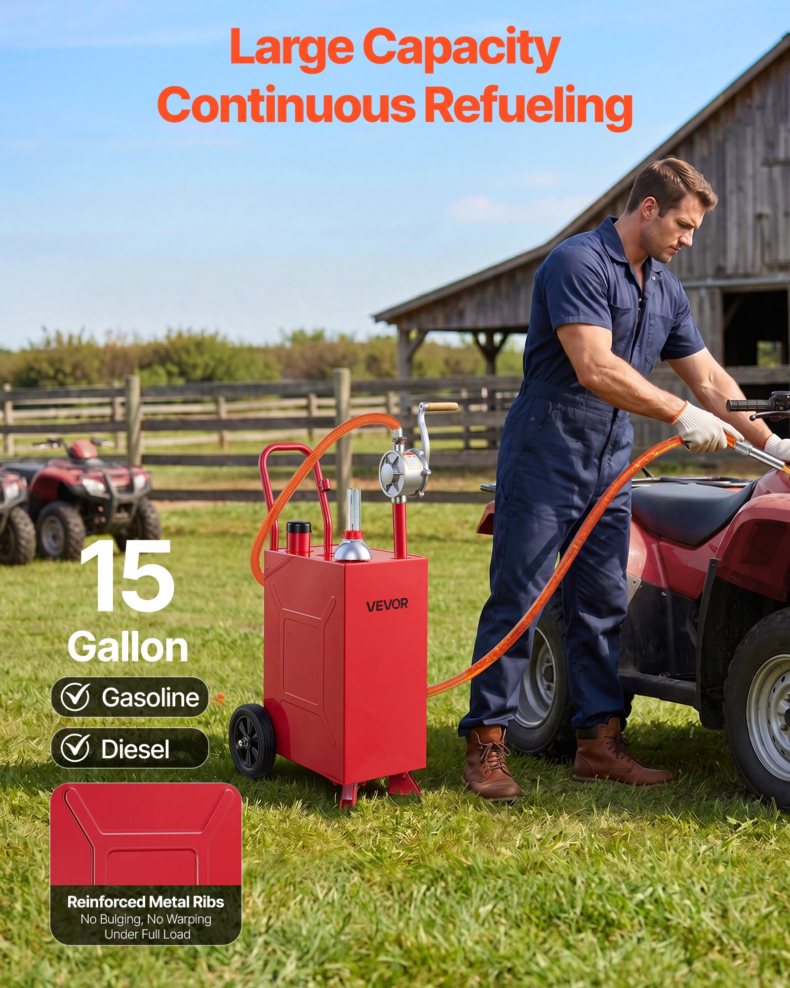 VEVOR Carro de Combustible de 56,8 L con Depósito de Diésel y Gasolina, Tanque de Combustible con 2 Ruedas, Bomba Manual de Trasvase Bidireccional, Acero al Carbono, para Granja, Garaje y Exterior