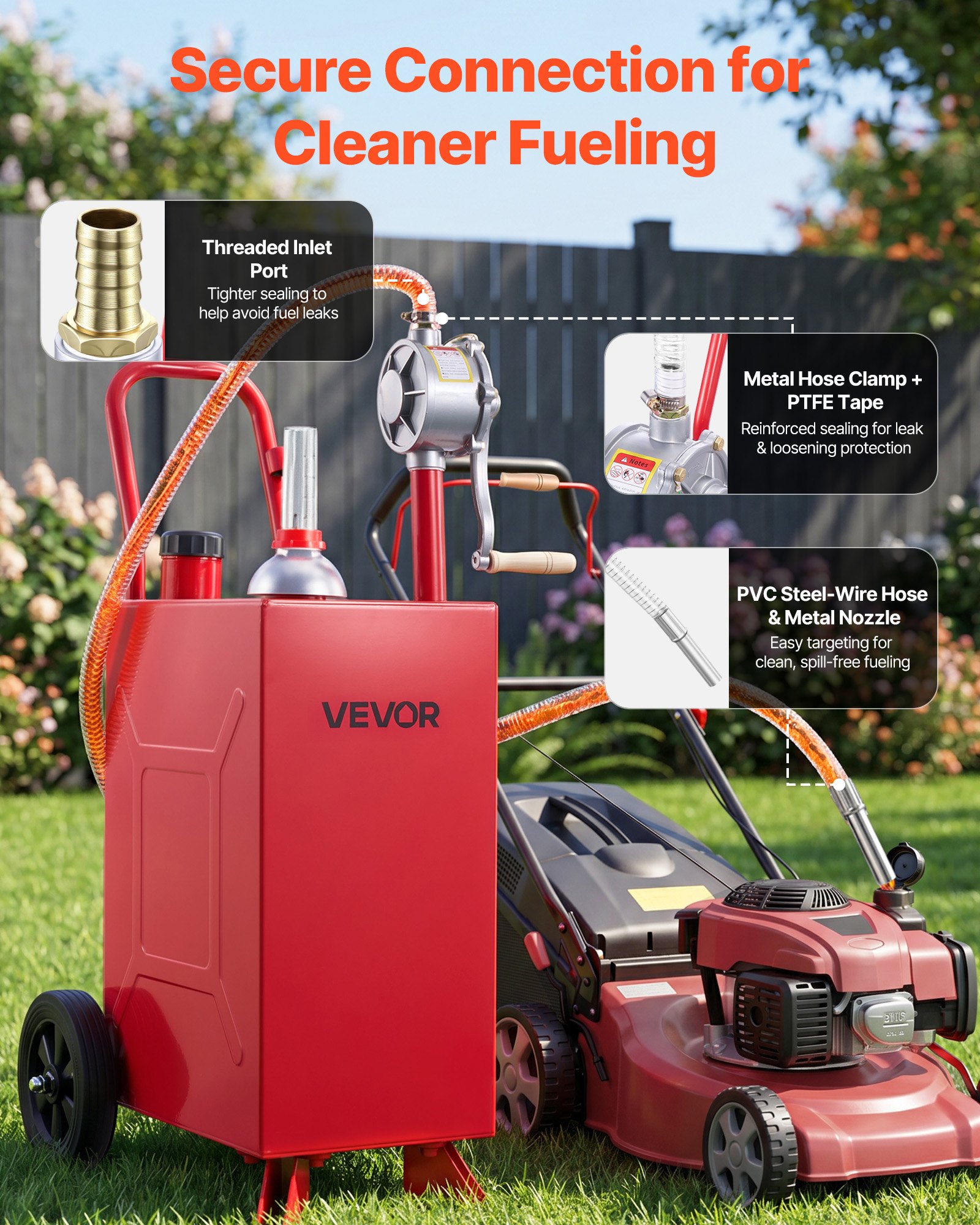 VEVOR Carro de Combustible de 56,8 L con Depósito de Diésel y Gasolina, Tanque de Combustible con 2 Ruedas, Bomba Manual de Trasvase Bidireccional, Acero al Carbono, para Granja, Garaje y Exterior