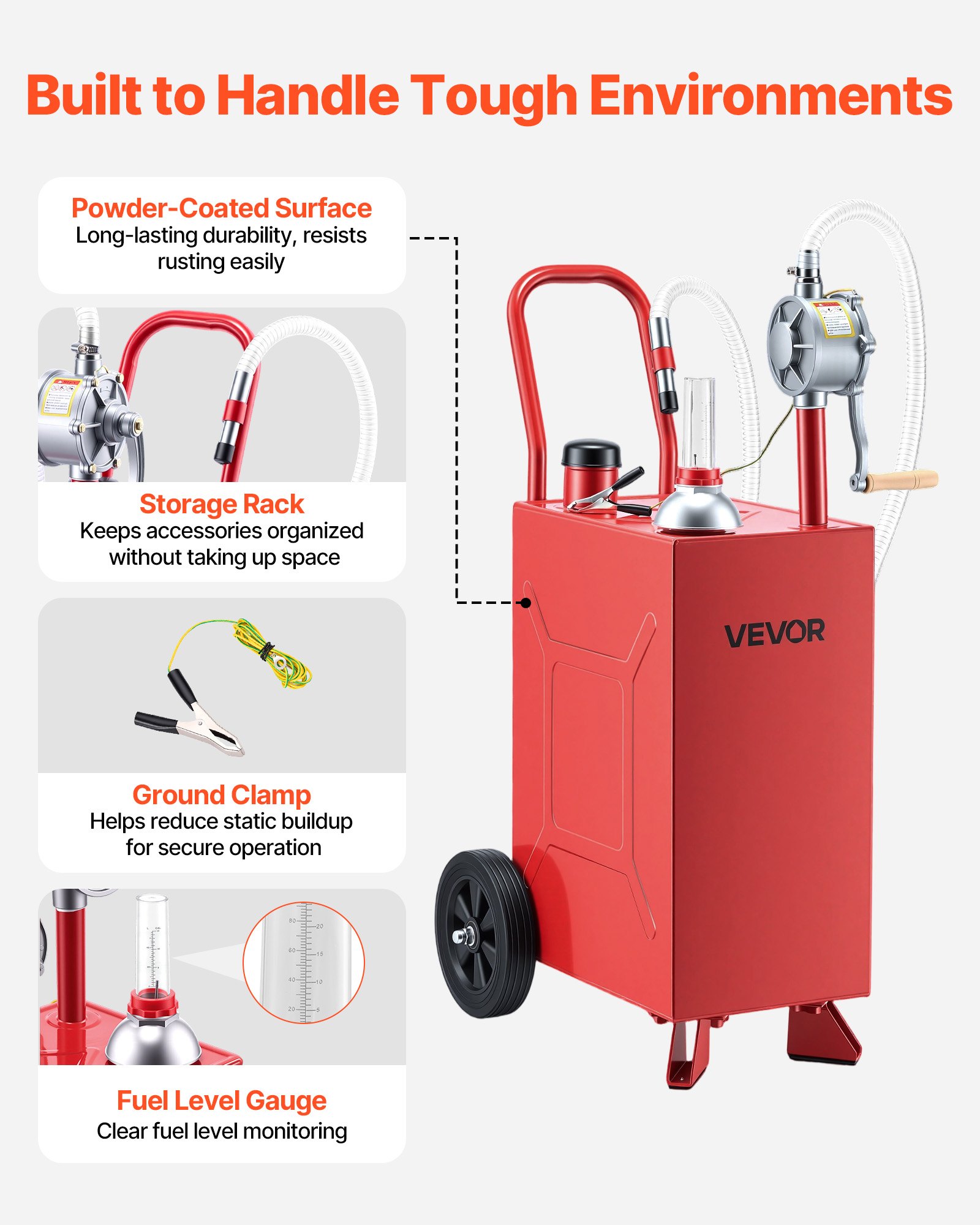 VEVOR Carro de Combustible de 56,8 L con Depósito de Diésel y Gasolina, Tanque de Combustible con 2 Ruedas, Bomba Manual de Trasvase Bidireccional, Acero al Carbono, para Granja, Garaje y Exterior