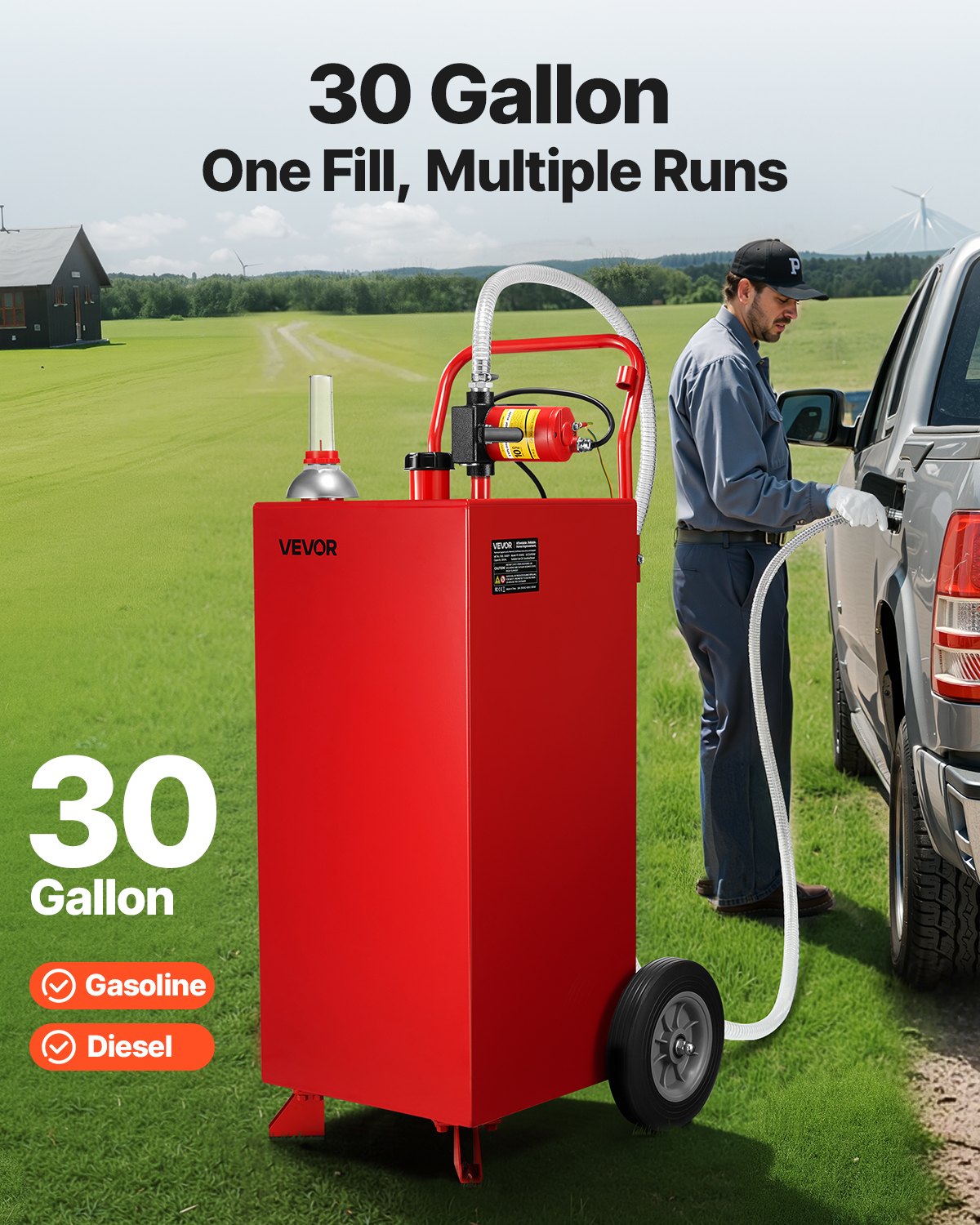 VEVOR 114 L fuel trolley, max. flow rate 32L/min, diesel tank with electric pump, gasoline canister with 2 wheels & 3 m hose, gas tank for ATV, car, lawnmower, boat, motorcycle, red