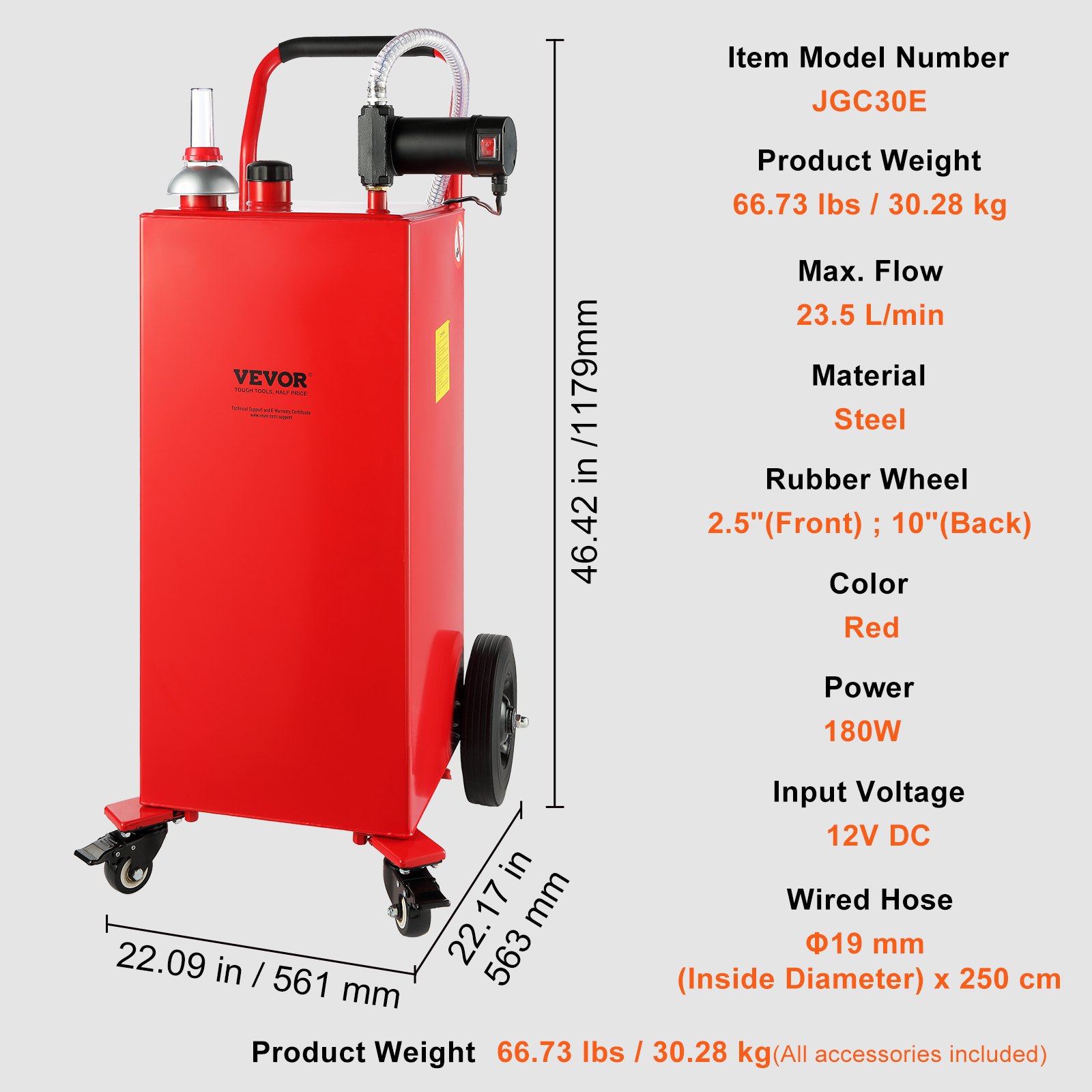 VEVOR Tanque de Combustible Portátil de 30 galones, 23,5 L/min, 180 W con Ruedas de Bomba Eléctrica, Transferencia de Combustible para Máquina de Aceite Lubricante Diésel, Barco, Motocicleta