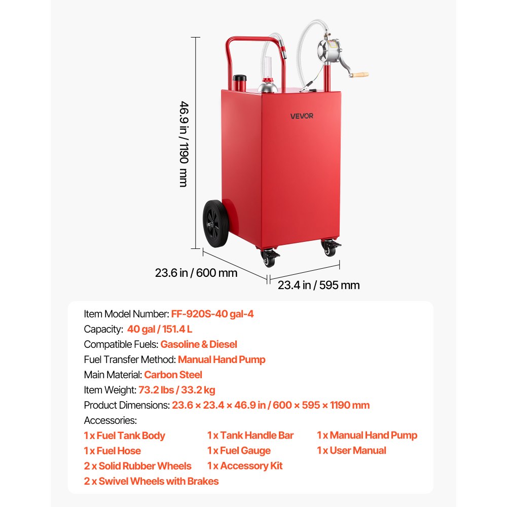 VEVOR Carro de Combustible de 151,4 L con Depósito de Diésel y Gasolina, Bomba Manual, Acero al Carbono, Tanque de Combustible con 4 Ruedas, para Exterior, Garaje, Tractores, Coches, Cortacéspedes