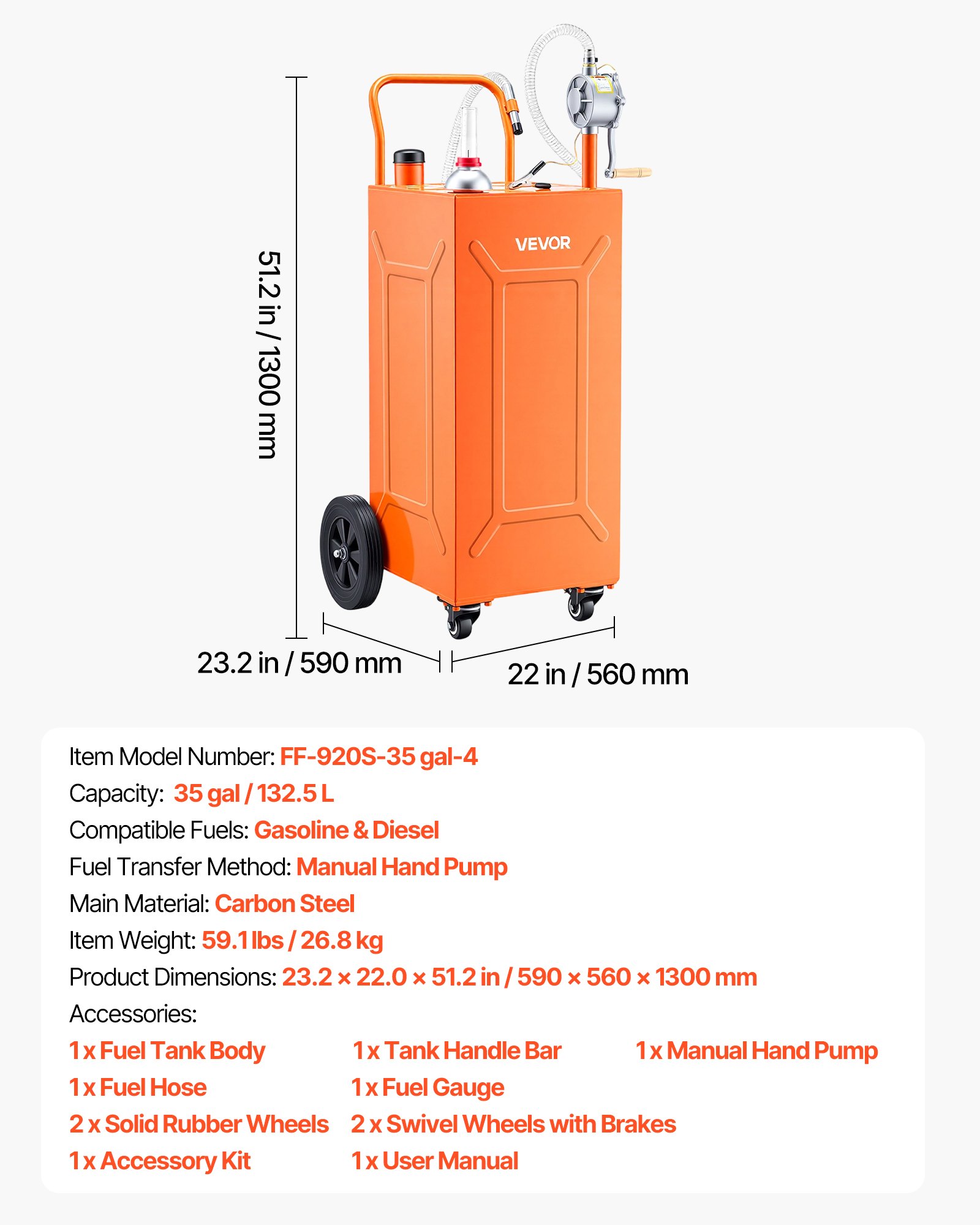 VEVOR Carro de Combustible de 132,5 L con Depósito de Gasolina y Diésel, Tanque de Combustible con Bomba Manual de Trasvase Bidireccional, 4 Ruedas, Acero al Carbono, para Granja, Garaje y Exterior