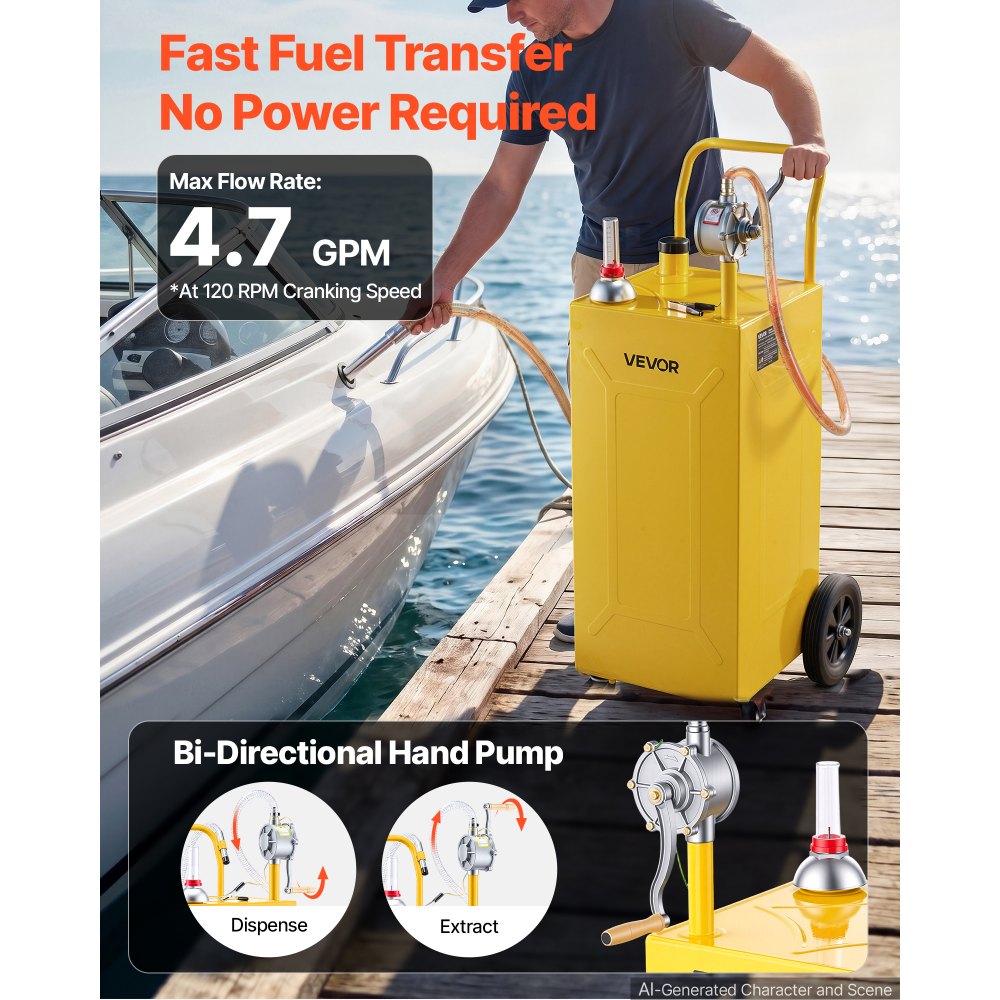 VEVOR Carro de Combustible de 132,5 L con Depósito de Diésel y Gasolina, Bomba Manual, Tanque de Combustible con 4 Ruedas, Acero al Carbono, para Cortacéspedes, Garaje, Tractores, Coches, Exterior