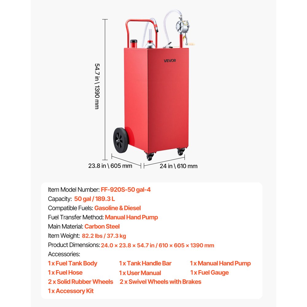 VEVOR Carro de Combustible de 189,3 L con Depósito de Gasolina y Diésel, Tanque de Combustible con 4 Ruedas, Bomba Manual de Trasvase Bidireccional, Acero al Carbono, para Garaje, Granja y Exterior