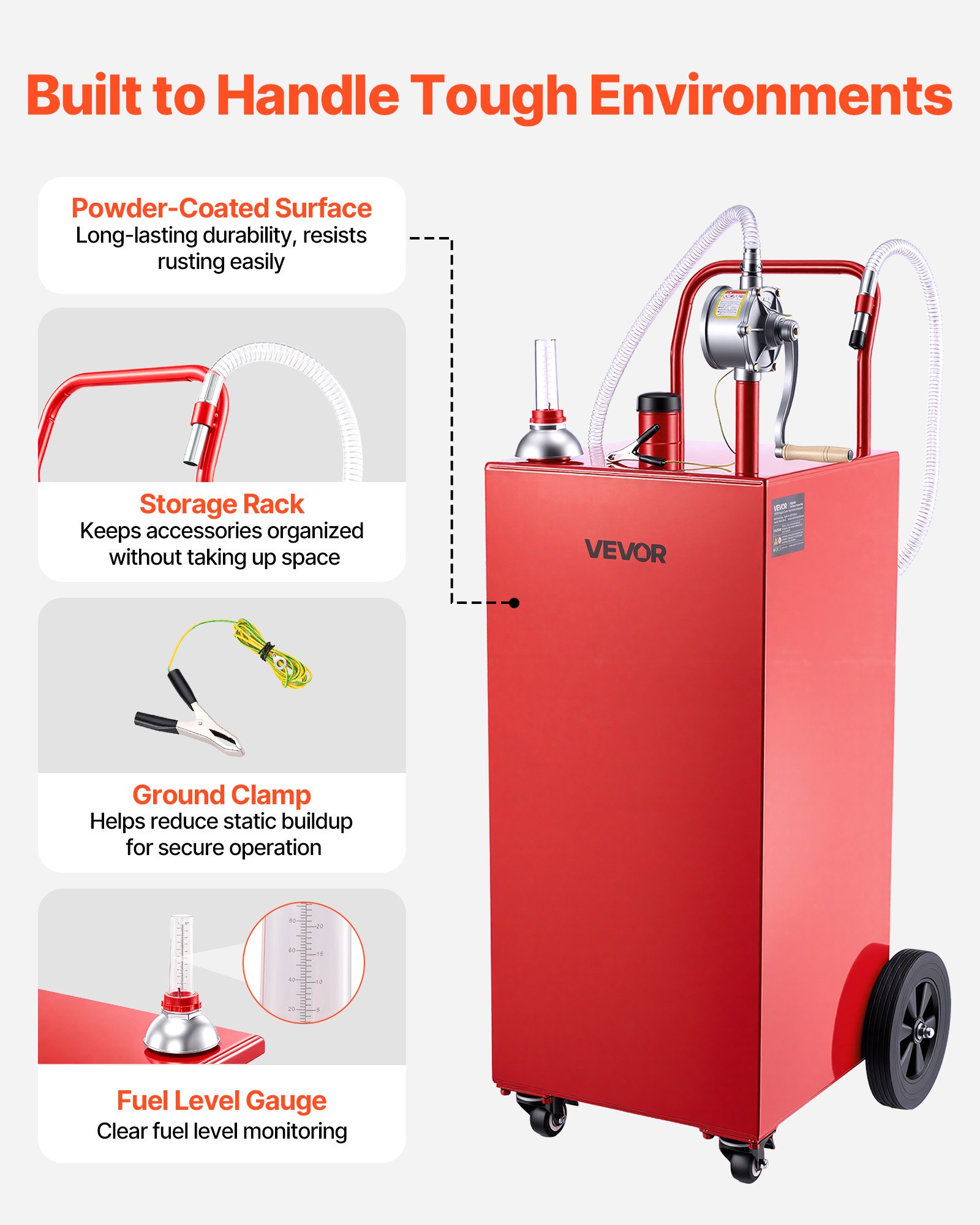 VEVOR Carro de Combustible de 189,3 L con Depósito de Gasolina y Diésel, Tanque de Combustible con 4 Ruedas, Bomba Manual de Trasvase Bidireccional, Acero al Carbono, para Garaje, Granja y Exterior