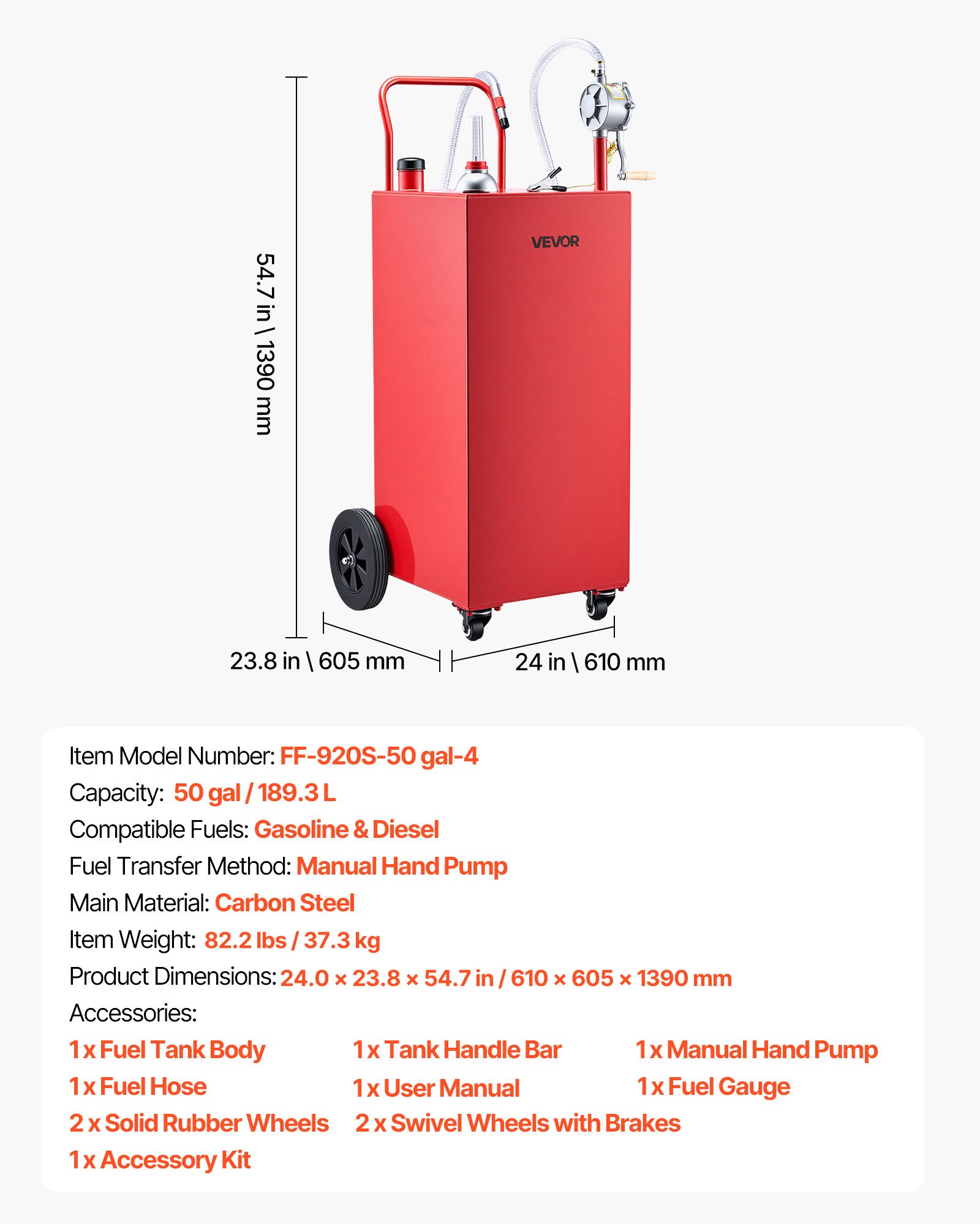 VEVOR Carro de Combustible de 189,3 L con Depósito de Gasolina y Diésel, Tanque de Combustible con 4 Ruedas, Bomba Manual de Trasvase Bidireccional, Acero al Carbono, para Garaje, Granja y Exterior