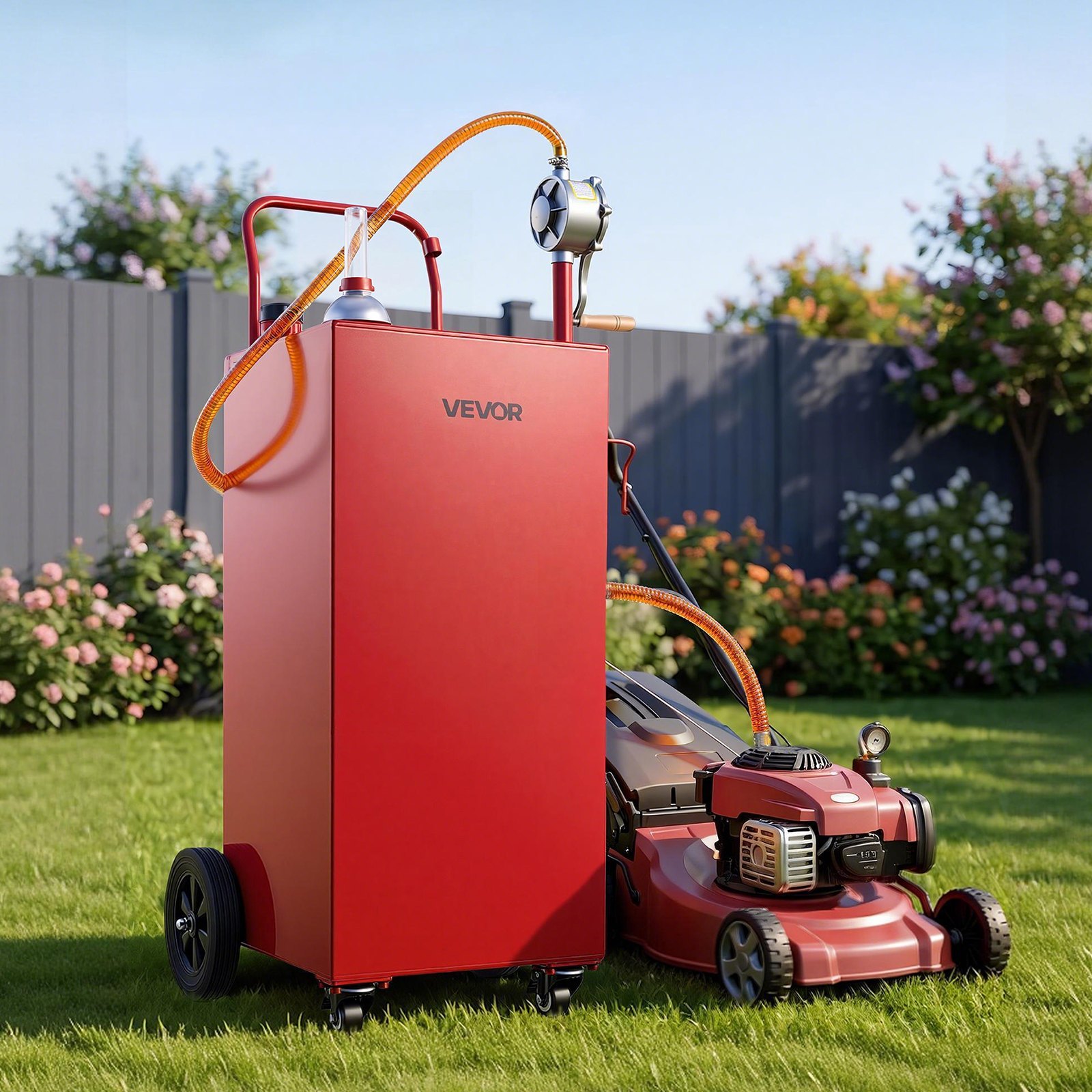 VEVOR Carro de Combustible de 189,3 L con Depósito de Gasolina y Diésel, Tanque de Combustible con 4 Ruedas, Bomba Manual de Trasvase Bidireccional, Acero al Carbono, para Garaje, Granja y Exterior