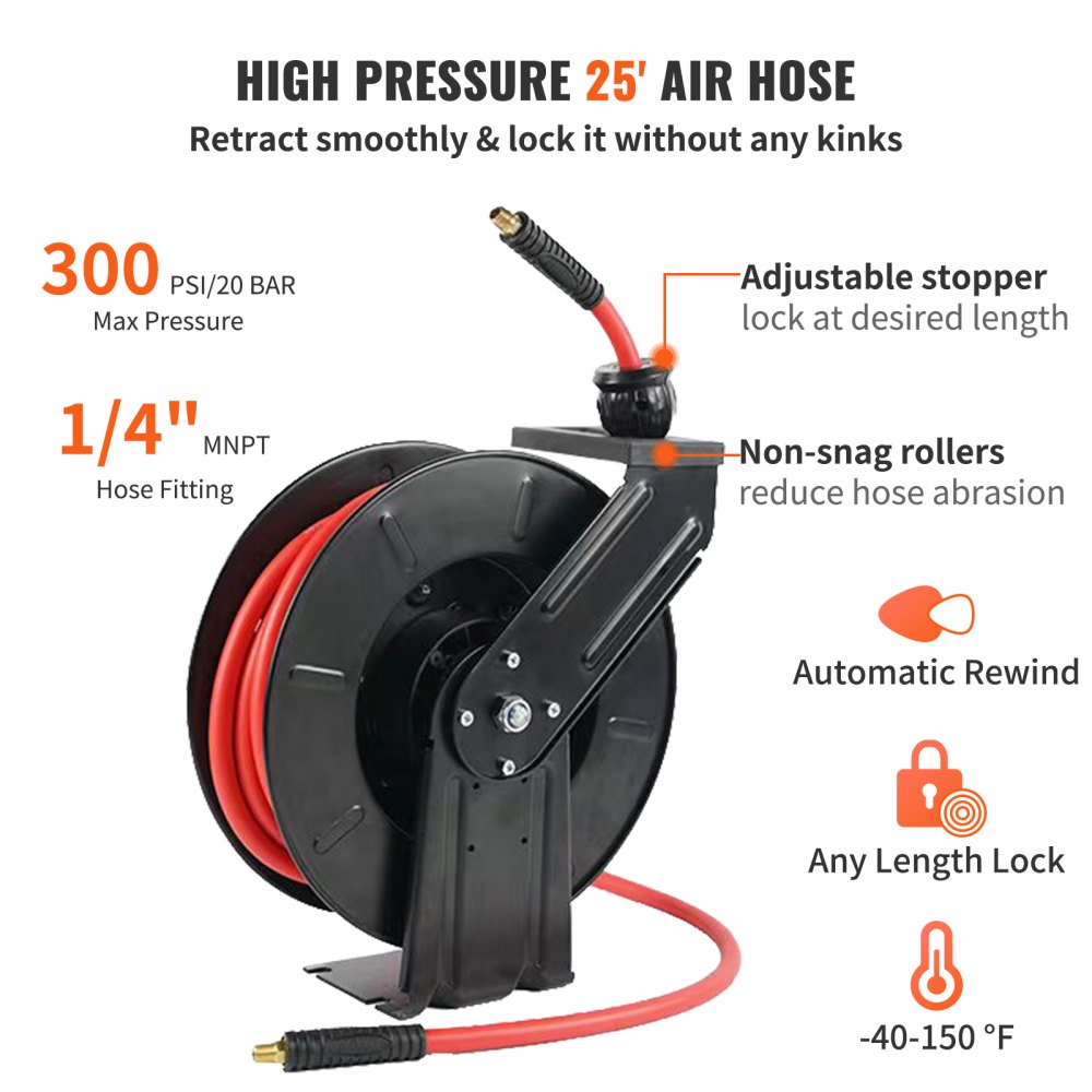 VEVOR Carrete de Manguera de Aire 9,5mmx7,6m Enrollador Automático Manguera de Goma Híbrida Carrete de Cable Retráctil Presión de 300PSI Montaje en Pared/Techo/Suelo Rebobinado Automático para Taller