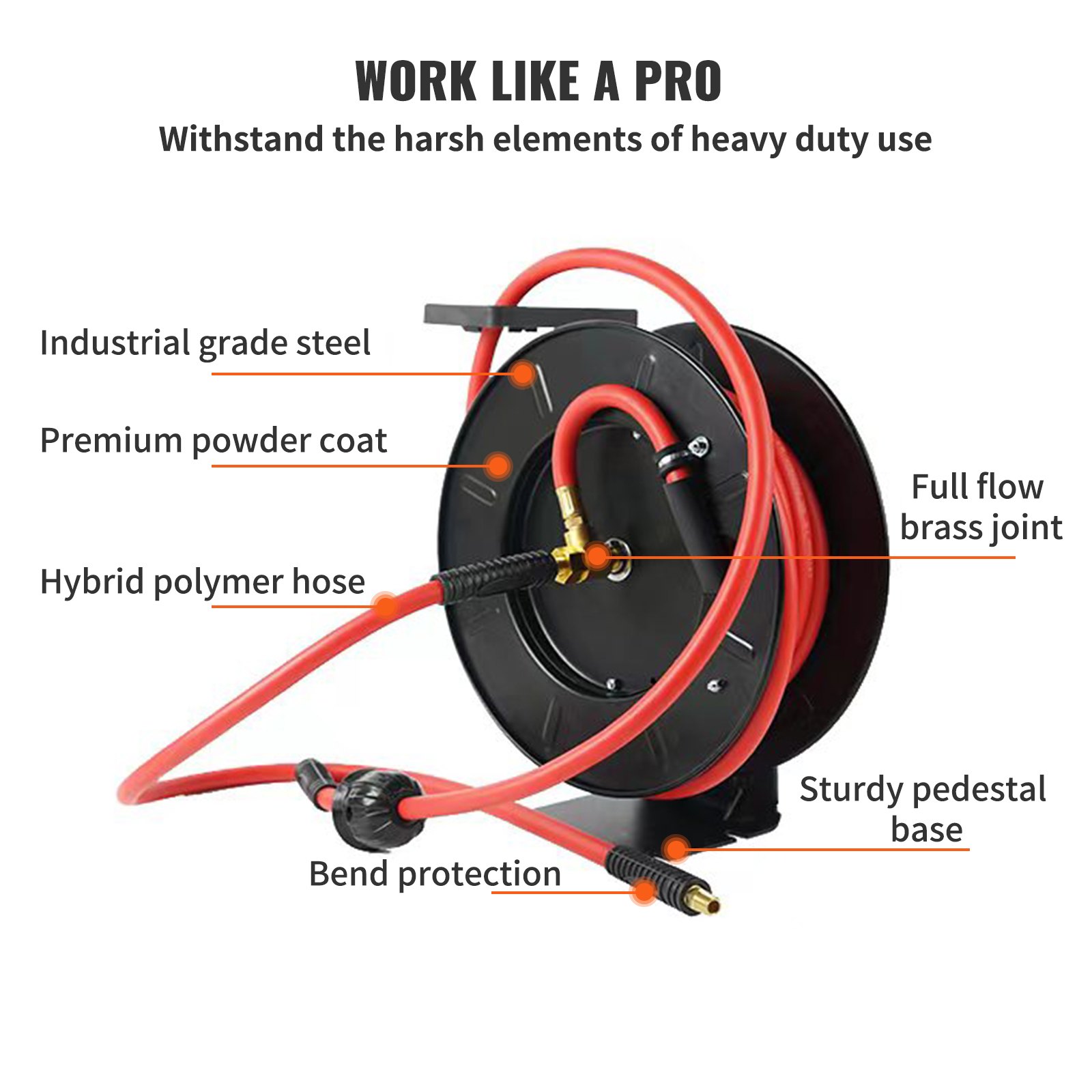 VEVOR Carrete de Manguera de Aire 9,5mmx7,6m Enrollador Automático Manguera de Goma Híbrida Carrete de Cable Retráctil Presión de 300PSI Montaje en Pared/Techo/Suelo Rebobinado Automático para Taller