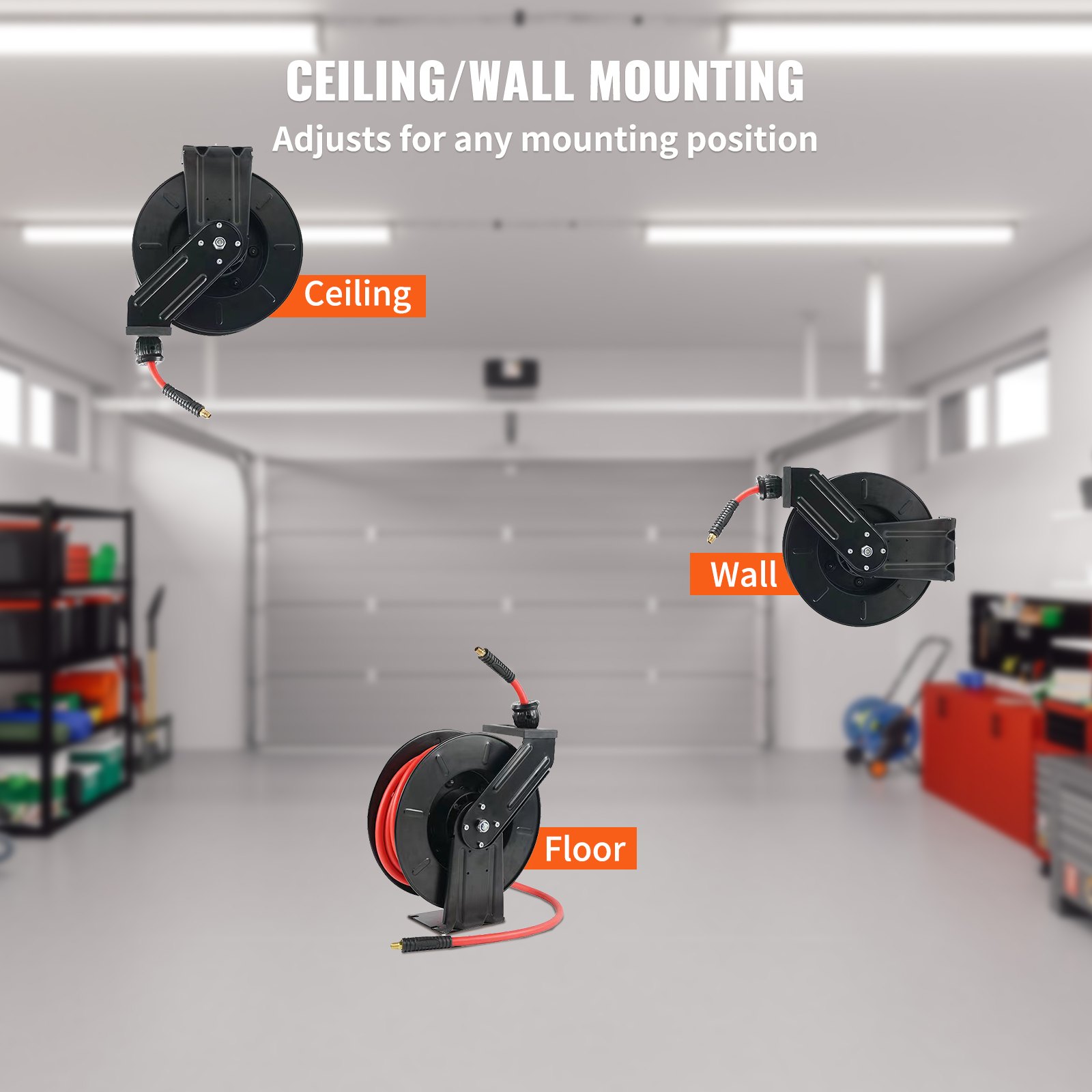 VEVOR Carrete de Manguera de Aire 9,5mmx7,6m Enrollador Automático Manguera de Goma Híbrida Carrete de Cable Retráctil Presión de 300PSI Montaje en Pared/Techo/Suelo Rebobinado Automático para Taller