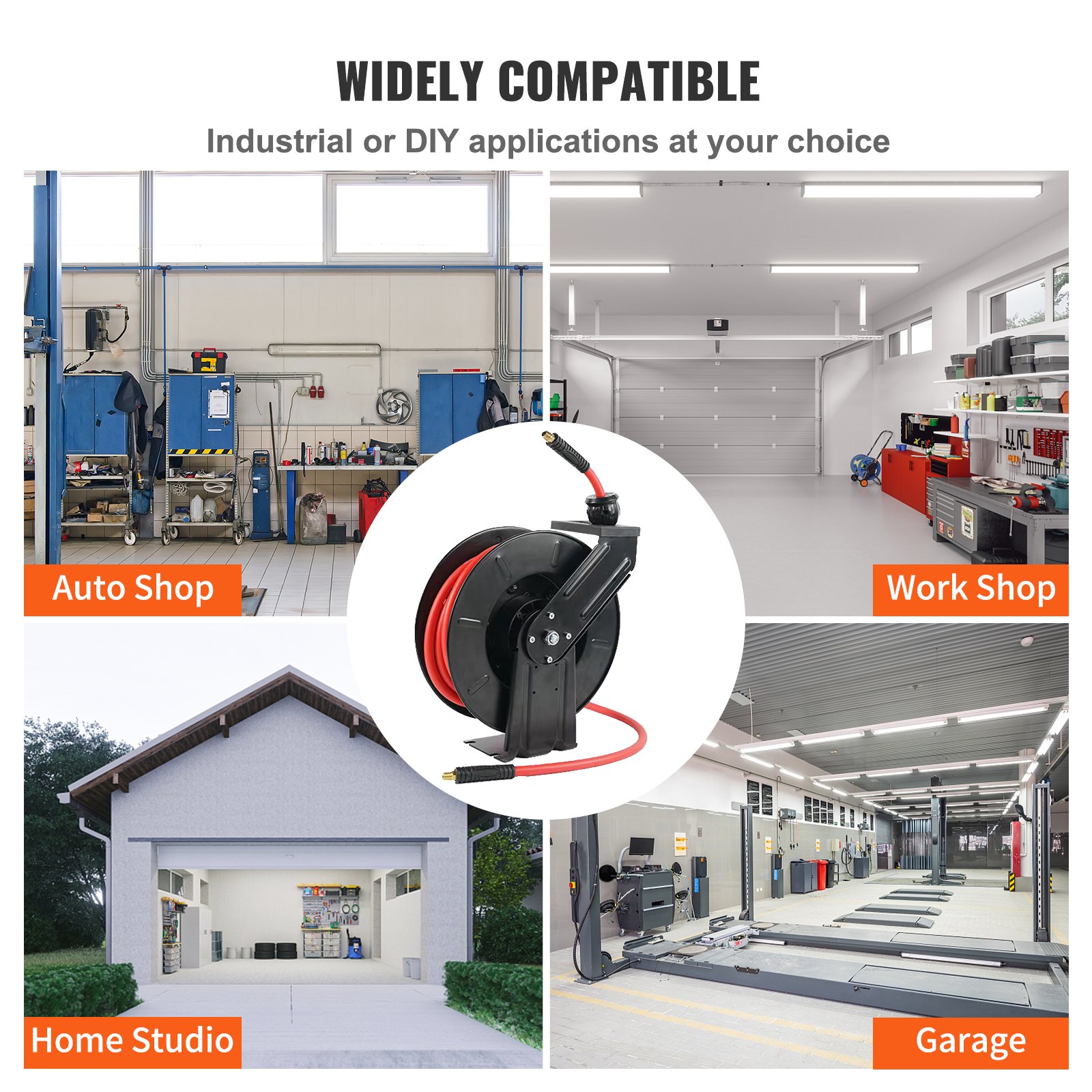 VEVOR Carrete de Manguera de Aire 9,5mmx7,6m Enrollador Automático Manguera de Goma Híbrida Carrete de Cable Retráctil Presión de 300PSI Montaje en Pared/Techo/Suelo Rebobinado Automático para Taller