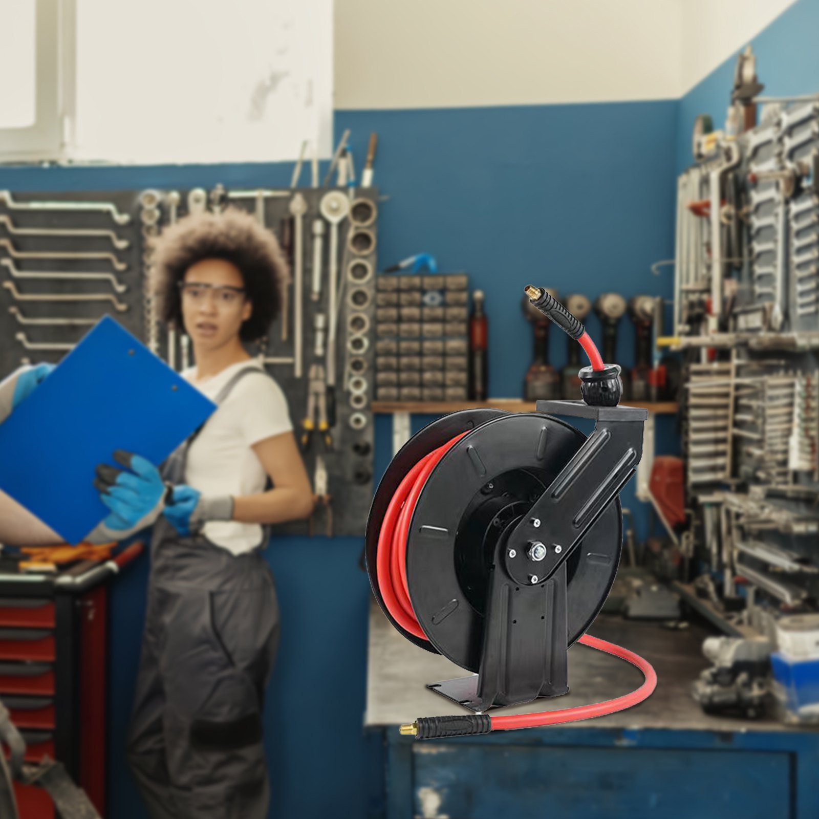 VEVOR Carrete de Manguera de Aire 9,5mmx7,6m Enrollador Automático Manguera de Goma Híbrida Carrete de Cable Retráctil Presión de 300PSI Montaje en Pared/Techo/Suelo Rebobinado Automático para Taller