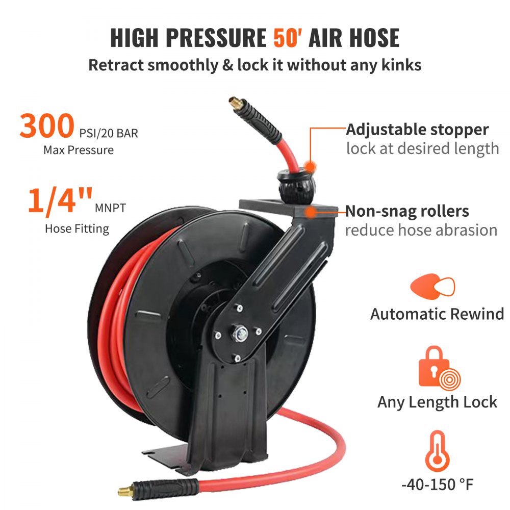 VEVOR Carrete de Manguera de Aire 9,5mmx15,2m Enrollador Automático Manguera de Goma Híbrida Carrete de Cable Retráctil Presión de 300PSI Montaje en Pared/Techo/Suelo Rebobinado Automático para Taller