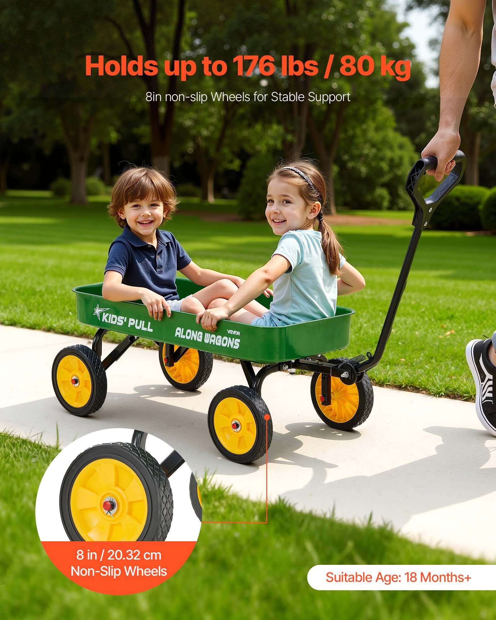 VEVOR Carro de Arrastre para Niños, Soporta hasta 80 kg, Todoterreno con Asa, Ideal como Regalo de Cumpleaños para Niños, Perfecto para Jardinería, Playa y Camping, Verde, 1010 x 480 x 360 mm