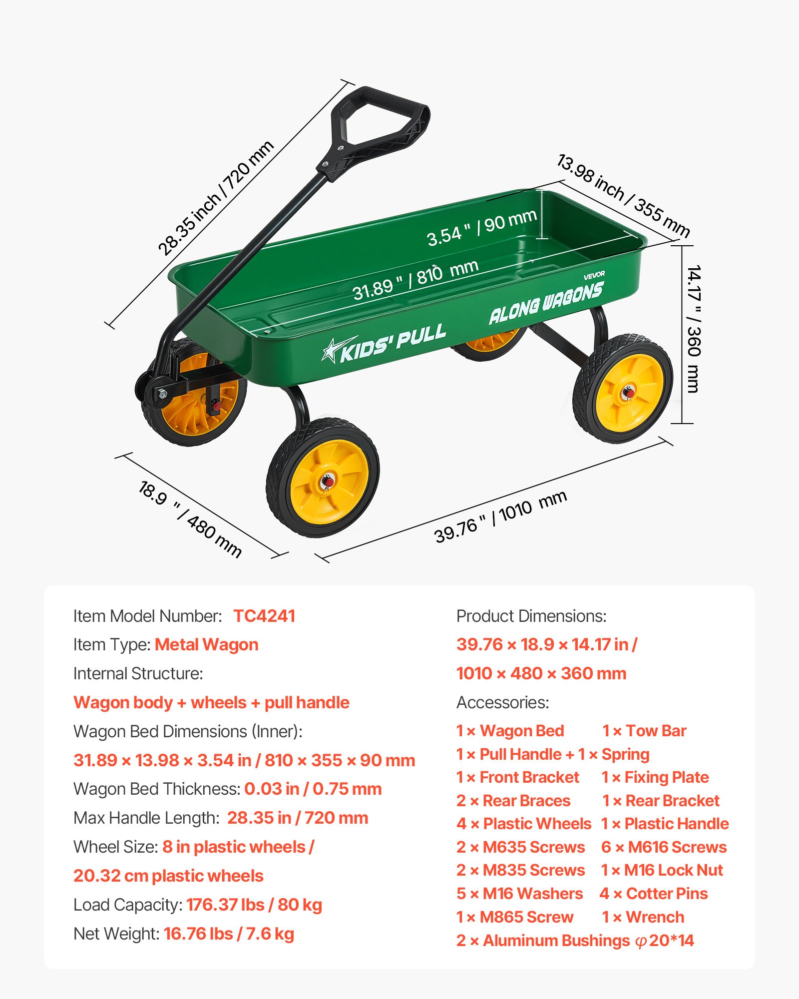 VEVOR Carro de Arrastre para Niños, Soporta hasta 80 kg, Todoterreno con Asa, Ideal como Regalo de Cumpleaños para Niños, Perfecto para Jardinería, Playa y Camping, Verde, 1010 x 480 x 360 mm