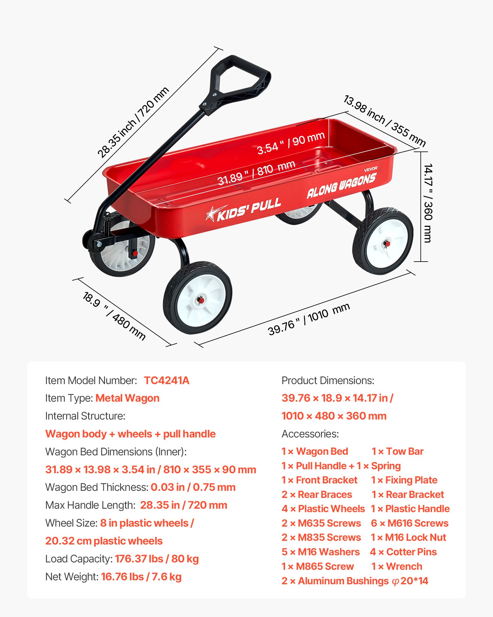VEVOR Carro de Arrastre para Niños, Soporta hasta 80 kg, Todoterreno con Asa, Ideal como Regalo de Cumpleaños para Niños, Perfecto para Jardinería, Playa y Camping, Rojo, 1010 x 480 x 360 mm