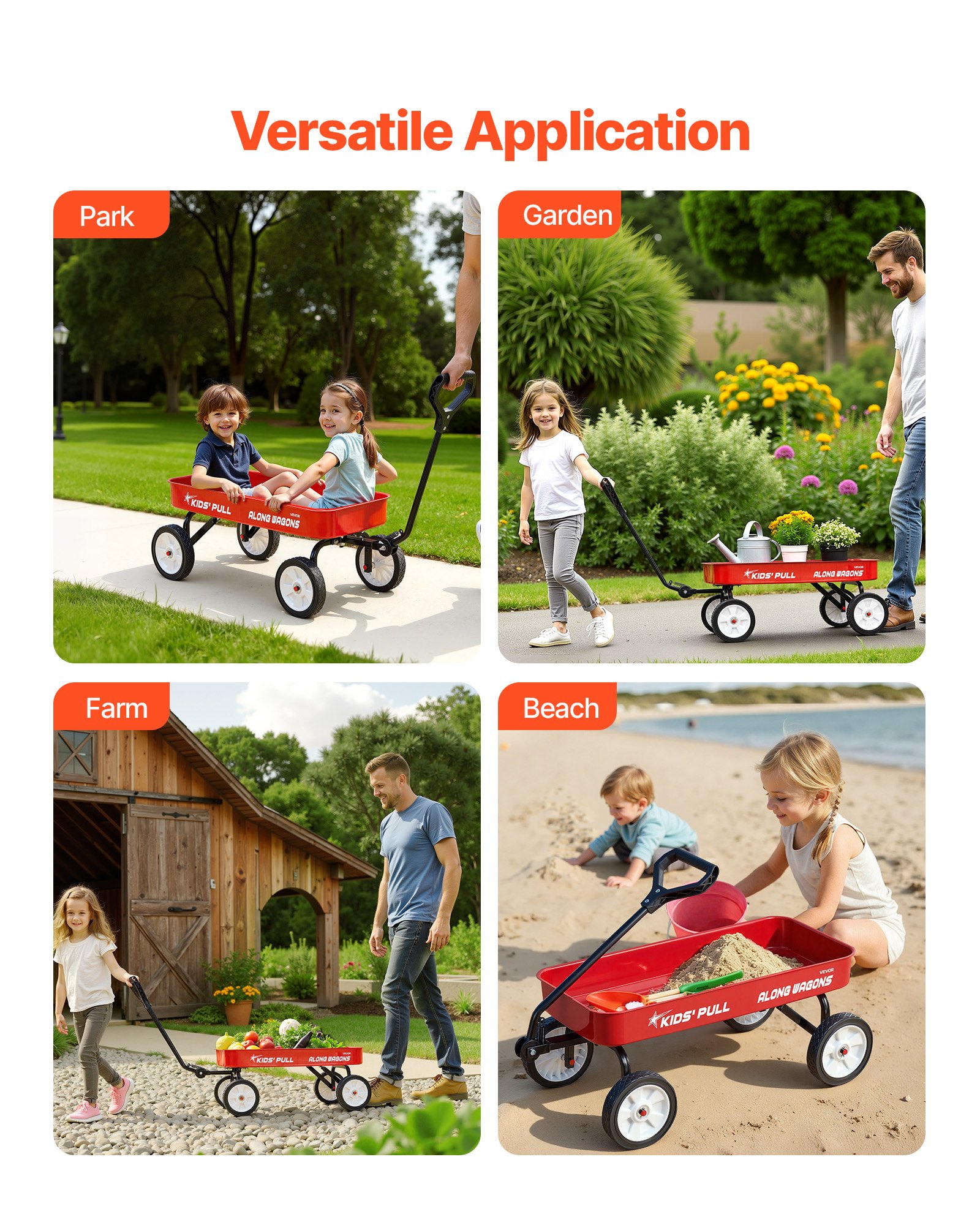 VEVOR Carro de Arrastre para Niños, Soporta hasta 80 kg, Todoterreno con Asa, Ideal como Regalo de Cumpleaños para Niños, Perfecto para Jardinería, Playa y Camping, Rojo, 1010 x 480 x 360 mm