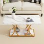 VEVOR Coffee Table, Modern Faux Marble Coffee Table, Large 2-Tier Rectangle Center Desk with Geometric Legs, Minimalist Sturdy Metal Frame Accent End Desk for Living Room, Office, Easy Assembly, White