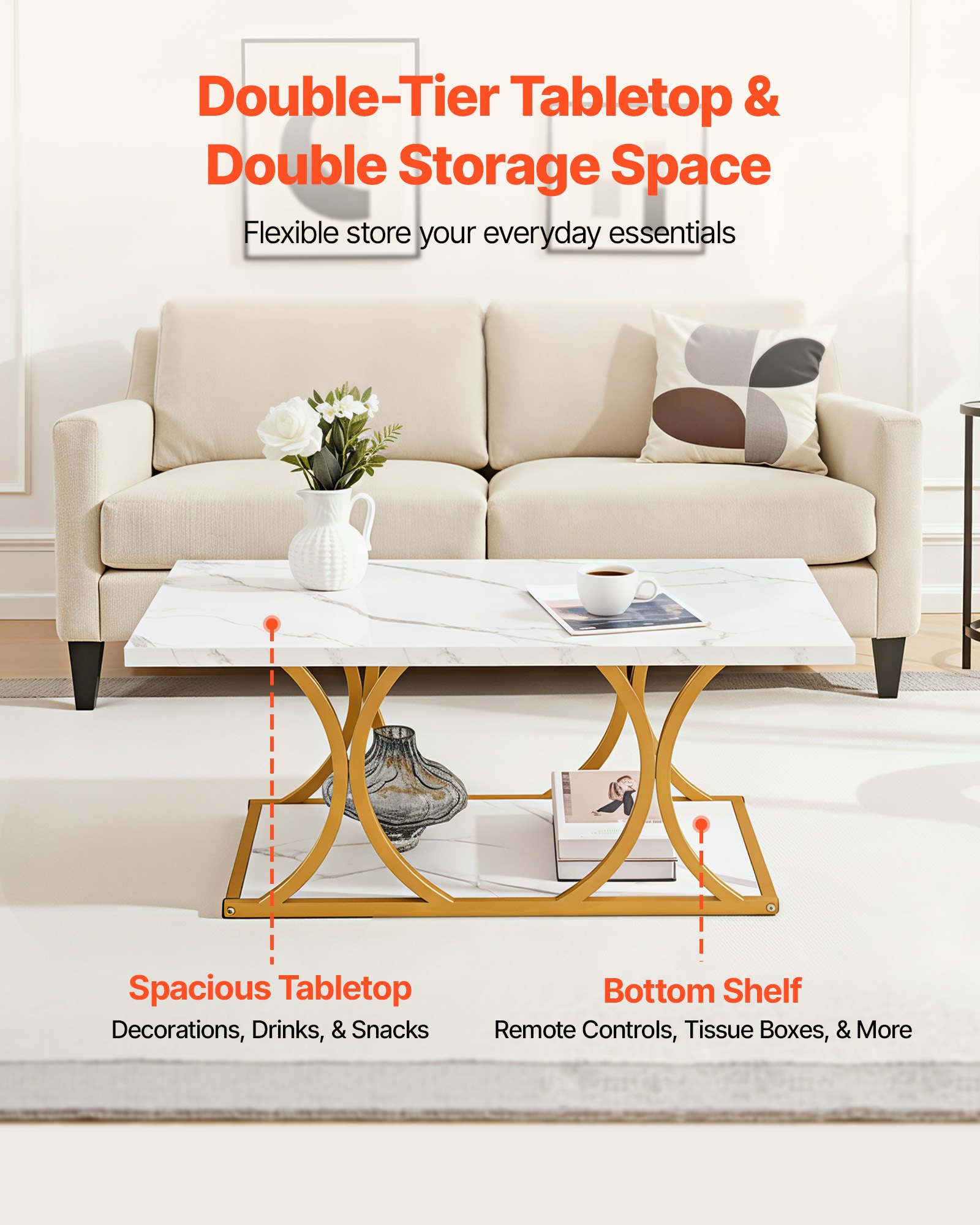 VEVOR Mesa Auxiliar con Aspecto de Mármol, Mesa Rectangular de 2 Niveles con Estructura Metálica, Patas Geométricas y Capacidad de Carga de 95 kg, Blanca, para Sofá u Oficina, 120 x 59,5 x 48 cm