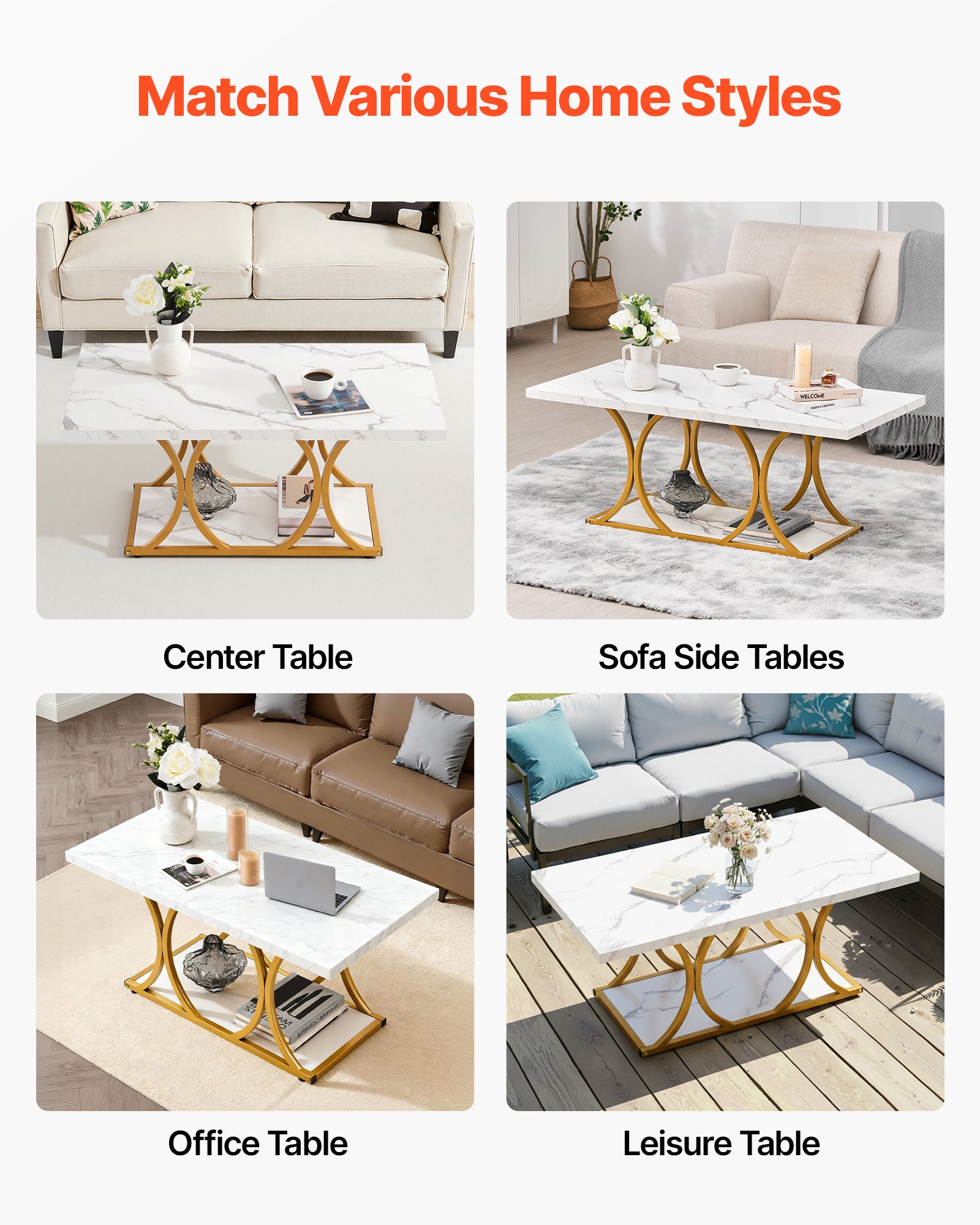 VEVOR Mesa Auxiliar con Aspecto de Mármol, Mesa Rectangular de 2 Niveles con Estructura Metálica, Patas Geométricas y Capacidad de Carga de 95 kg, Blanca, para Sofá u Oficina, 120 x 59,5 x 48 cm