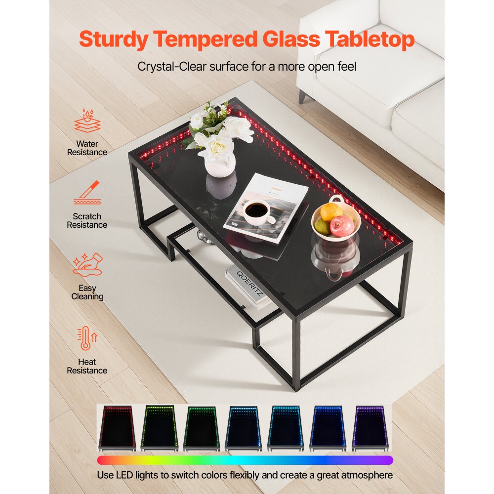 VEVOR Mesa Auxiliar de Cristal Templado con Iluminación, Rectangular, con Dos Niveles y Espacio de Almacenamiento Abierto, Estilo Industrial Moderno, para Salón u Oficina, 100 x 51 x 48 cm, Negro