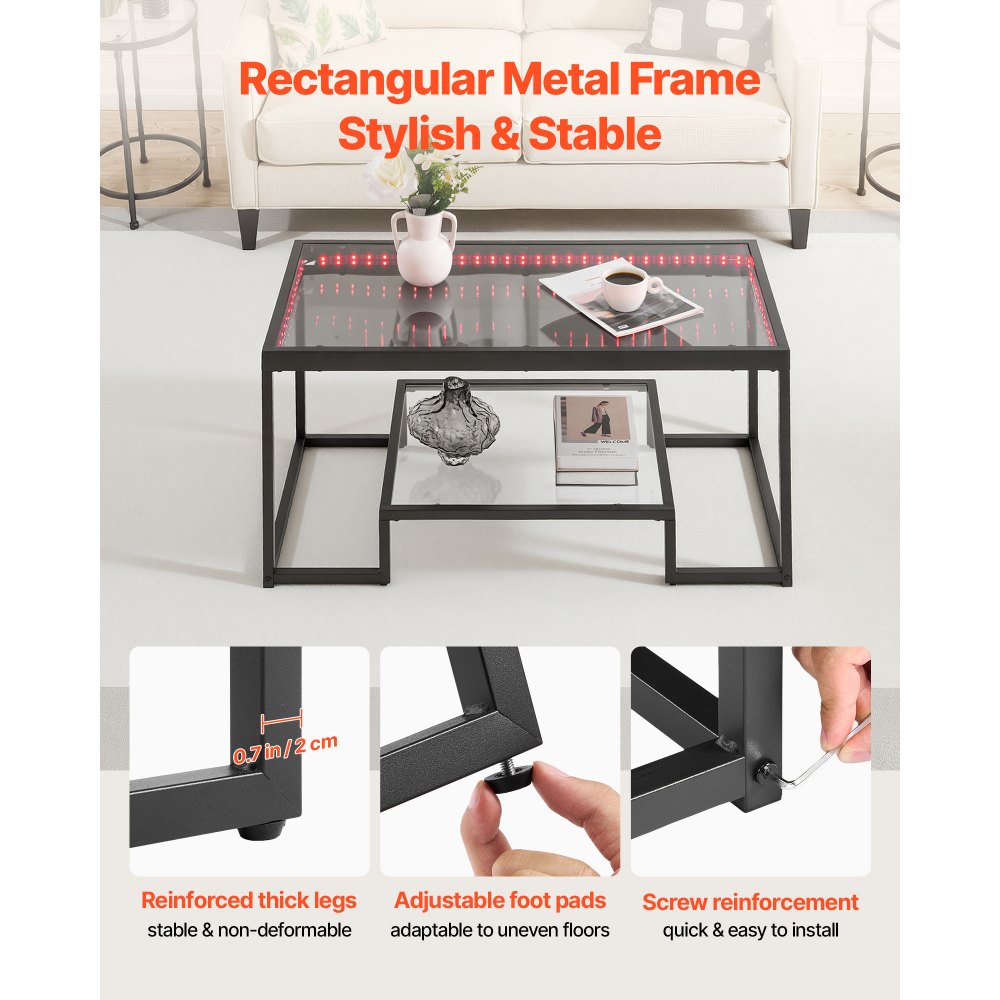 VEVOR Mesa Auxiliar de Cristal Templado con Iluminación, Rectangular, con Dos Niveles y Espacio de Almacenamiento Abierto, Estilo Industrial Moderno, para Salón u Oficina, 100 x 51 x 48 cm, Negro