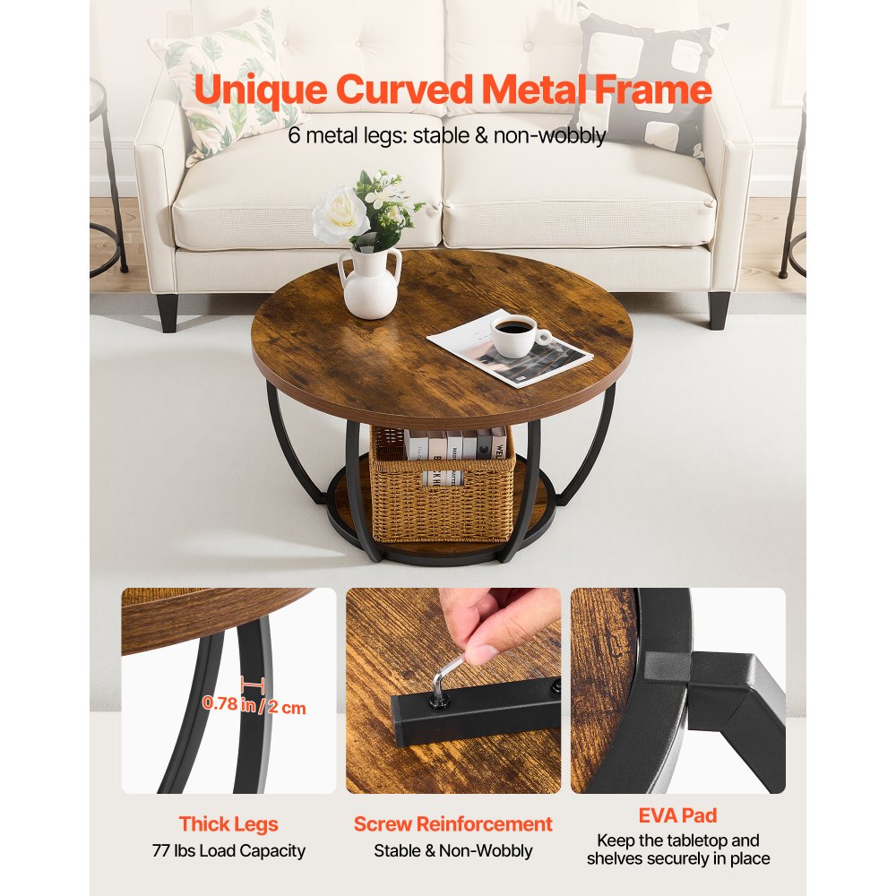 VEVOR Coffee Table, Modern Round Coffee Table, 2 Tiers Wooden Circle Center Desk with Open Storage, Minimalist Sturdy Metal Frame Accent End Desk for Living Room, Office, Easy Assembly, Rustic Brown
