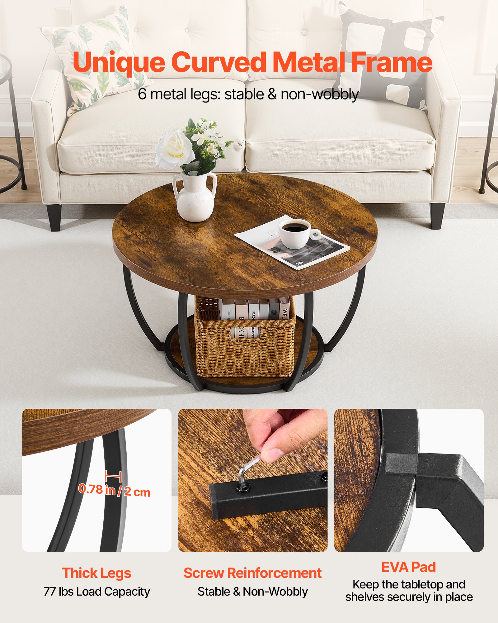 VEVOR Coffee Table, Modern Round Coffee Table, 2 Tiers Wooden Circle Center Desk with Open Storage, Minimalist Sturdy Metal Frame Accent End Desk for Living Room, Office, Easy Assembly, Rustic Brown