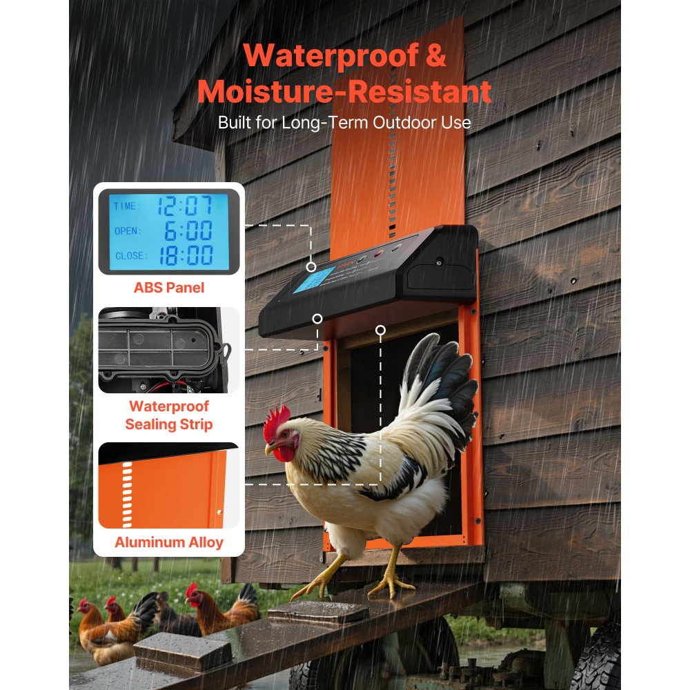 VEVOR Puerta Gallinero Automática con Pantalla, Puerta Automática Gallinero con Función Manual y Temporizador, Aleación de Aluminio, Anti-pinzamiento, Alimentada por Batería, para Gallinas, Naranja