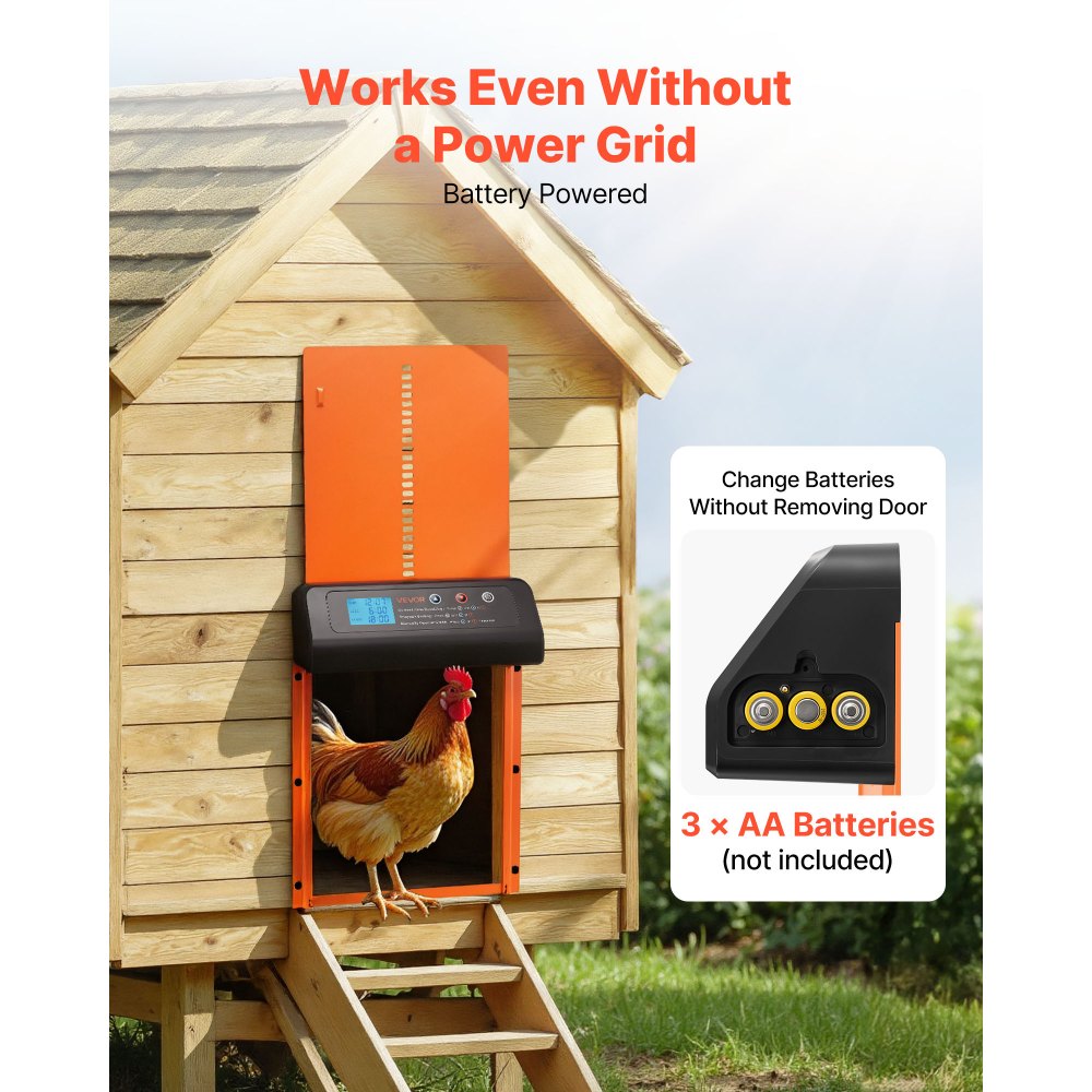 VEVOR Puerta Gallinero Automática con Pantalla, Puerta Automática Gallinero con Función Manual y Temporizador, Aleación de Aluminio, Anti-pinzamiento, Alimentada por Batería, para Gallinas, Naranja
