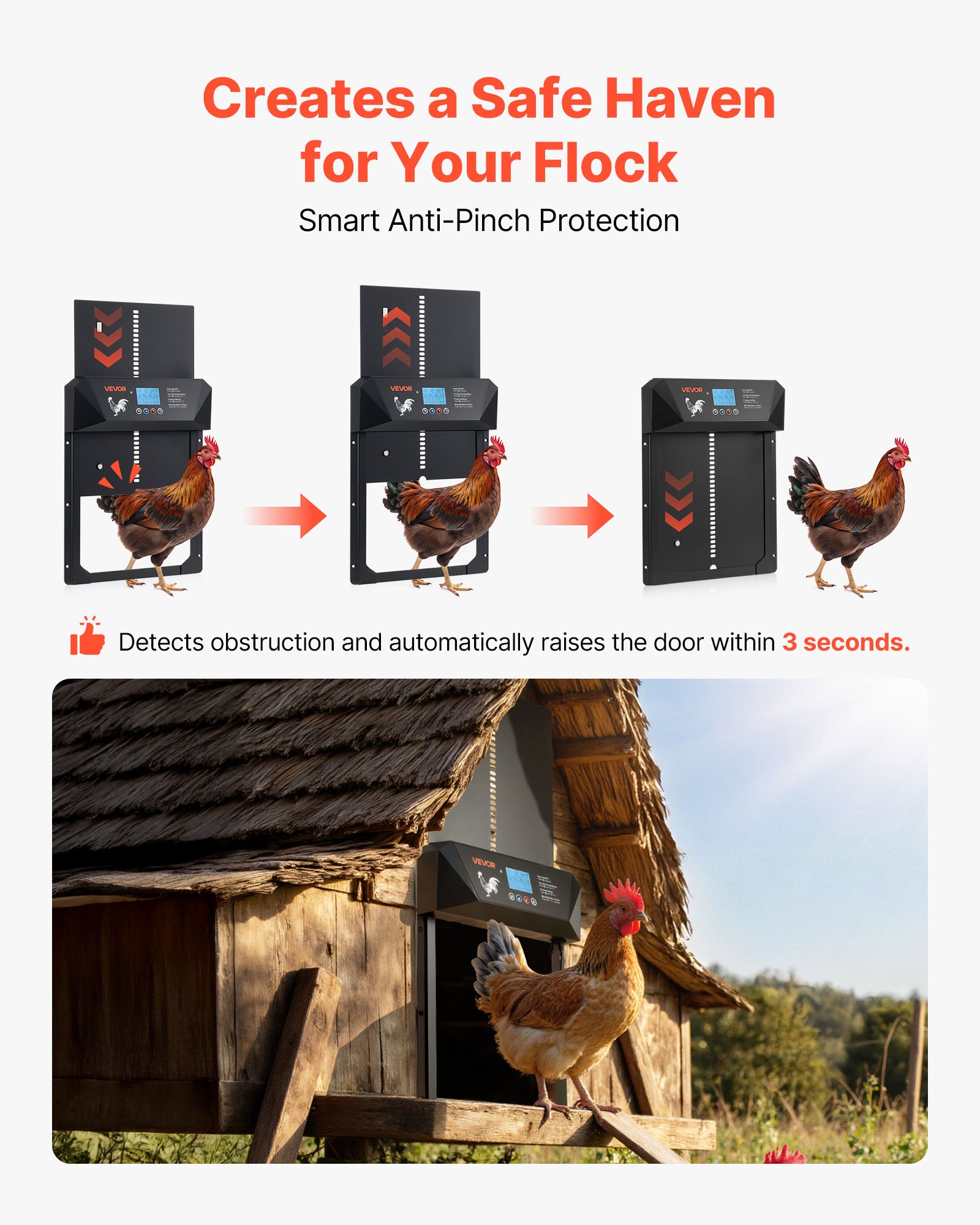 VEVOR Puerta Gallinero Automática con Pantalla, Puerta Automática Gallinero con Sensor de Luz, Temporizador y Ajuste Manual, Aleación de Aluminio, Anti-pinzamiento, Alimentada por CC y Batería, Negro
