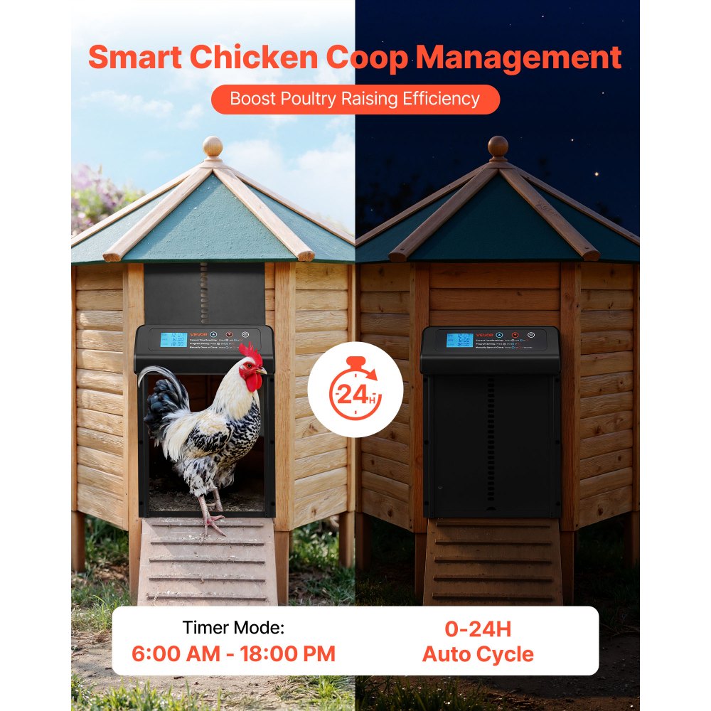 VEVOR Automatic Chicken Coop Door, Battery Powered Chicken Coop Door with Timer & Manual Setting, Anti-Pinch Security, Durable Aluminum Alloy, Auto Chick Run Gate Opener with Waterproof Sealing, Black