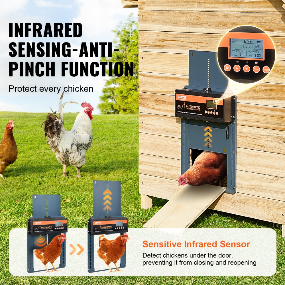 VEVOR Automatic Chicken Coop 21x26cm Door Size Chicken Door IP44 Door Opener with Light Sensor Automatic Poultry Door Aluminum Alloy Coop Opener LCD Display -20 to 60 °C Operating Temperature