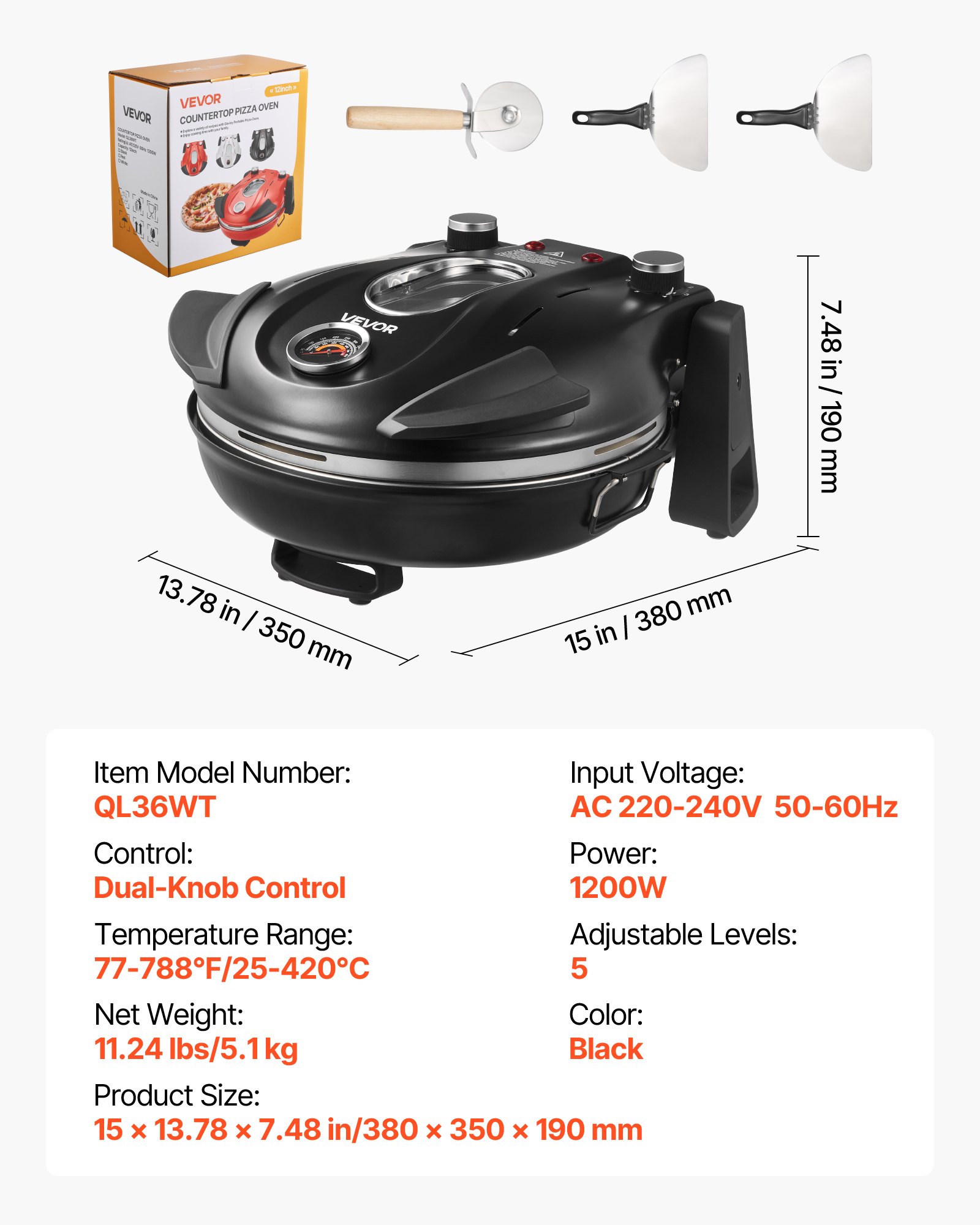 VEVOR Horno de Pizza Eléctrico de 1200 W, con Piedra de Cordierita, Control de Temperatura 5 Niveles, Ventana de Visualización para Una Cocción Precisa, hasta 420 °C, Negro, 380 x 350 x 190 mm