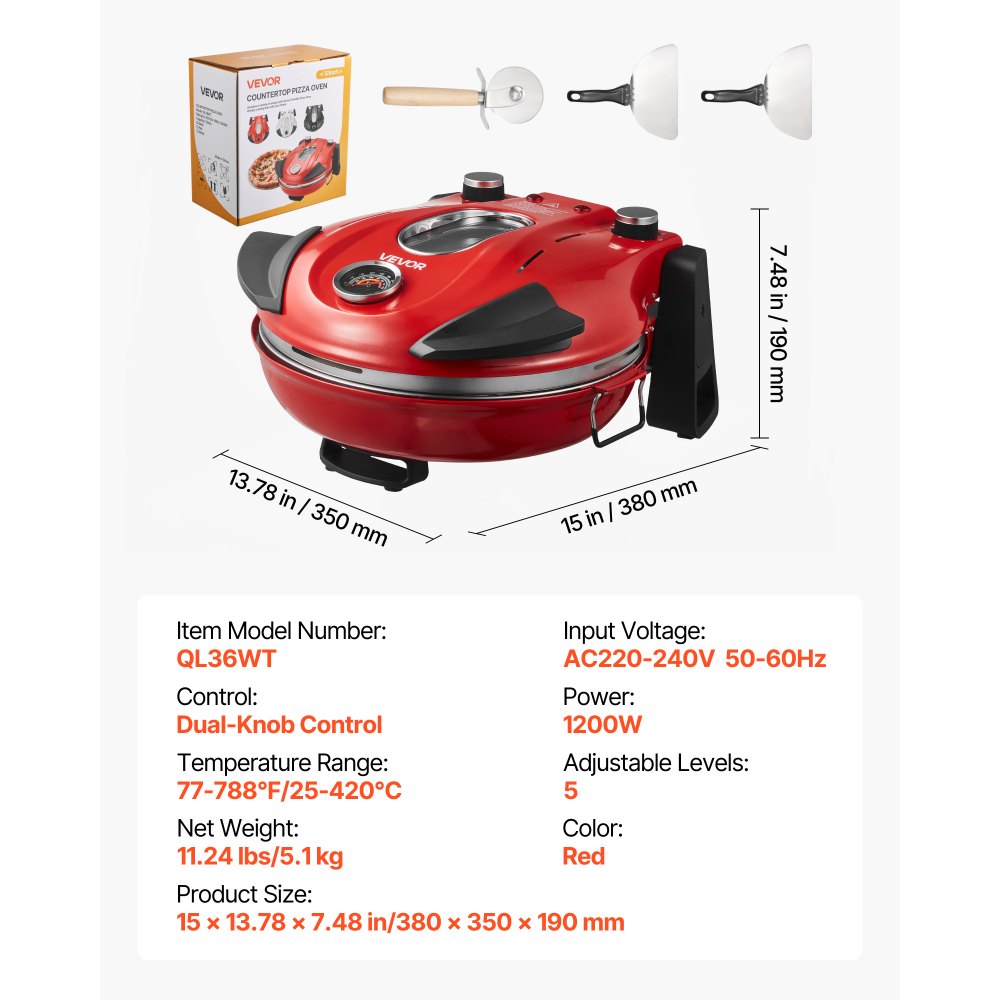 VEVOR Horno de Pizza Eléctrico de 1200 W, con Piedra de Cordierita, Control de Temperatura 5 Niveles, Ventana de Visualización para Una Cocción Precisa, hasta 420 °C, Rojo, 380 x 350 x 190 mm