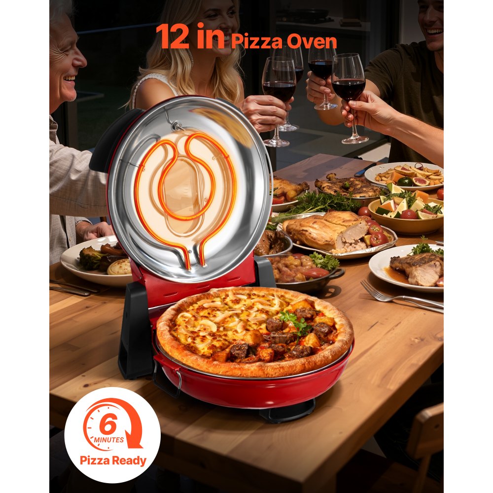 VEVOR Horno de Pizza Eléctrico de 1200 W, con Piedra de Cordierita, Control de Temperatura 5 Niveles, Ventana de Visualización para Una Cocción Precisa, hasta 420 °C, Rojo, 380 x 350 x 190 mm