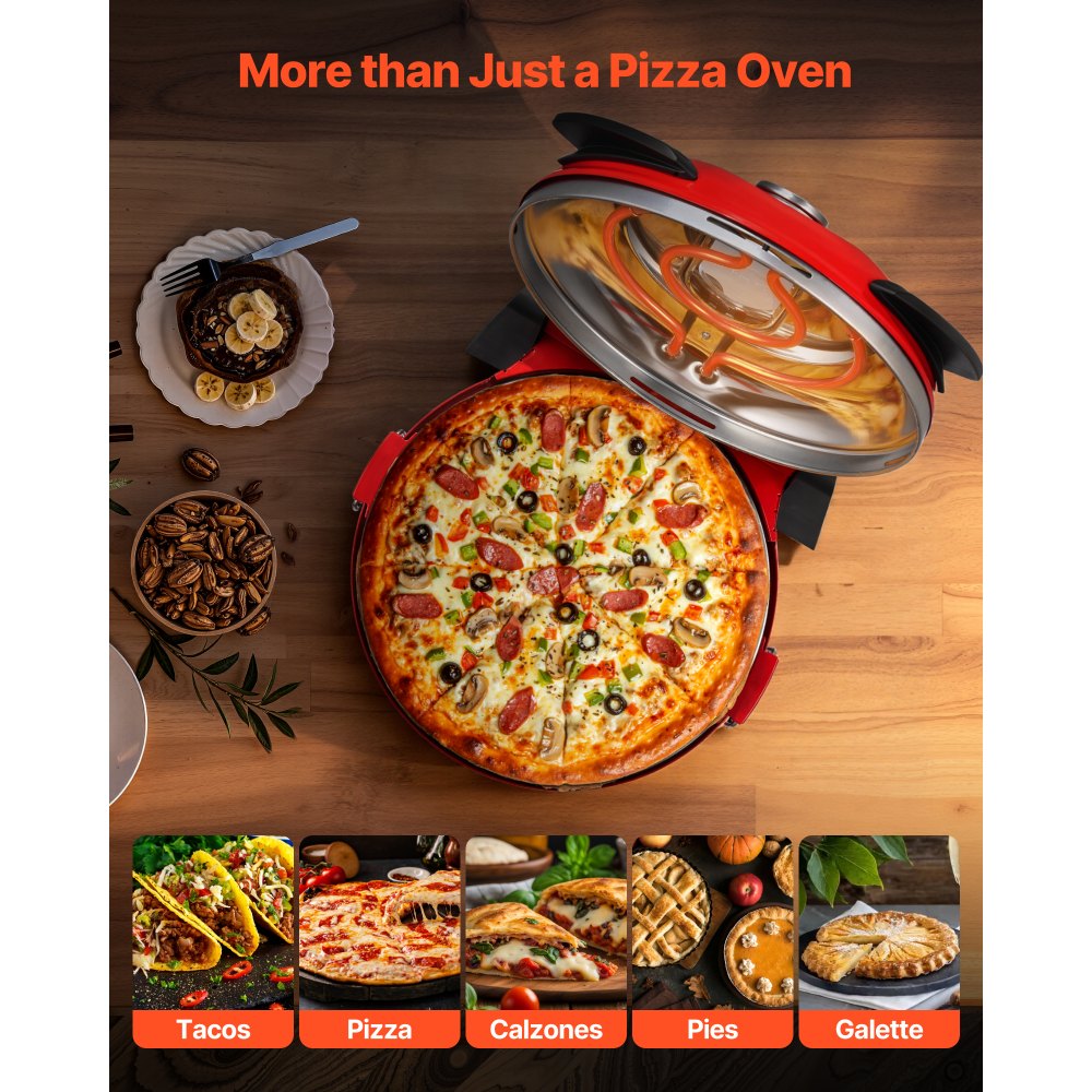 VEVOR Horno de Pizza Eléctrico de 1200 W, con Piedra de Cordierita, Control de Temperatura 5 Niveles, Ventana de Visualización para Una Cocción Precisa, hasta 420 °C, Rojo, 380 x 350 x 190 mm