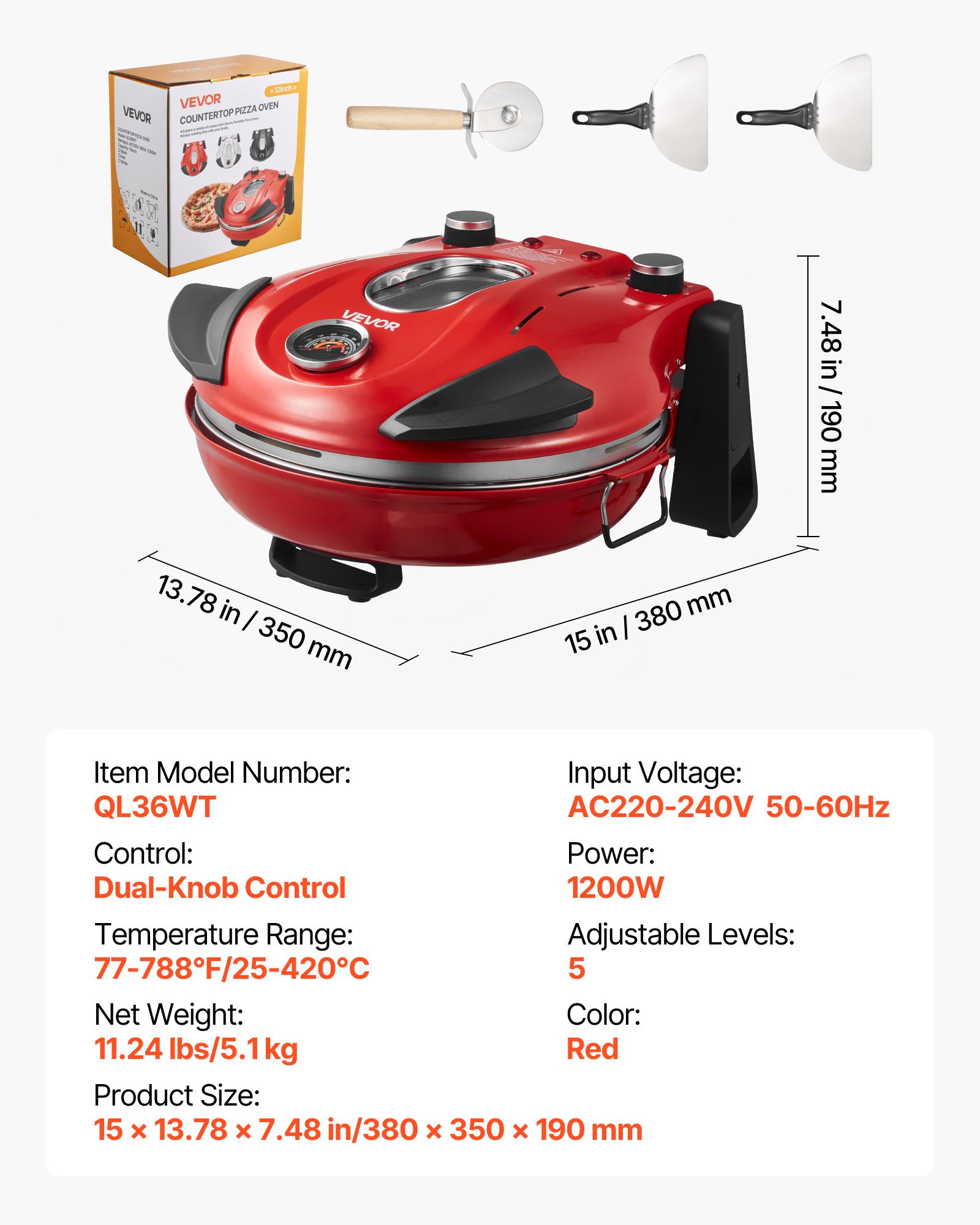 VEVOR Horno de Pizza Eléctrico de 1200 W, con Piedra de Cordierita, Control de Temperatura 5 Niveles, Ventana de Visualización para Una Cocción Precisa, hasta 420 °C, Rojo, 380 x 350 x 190 mm