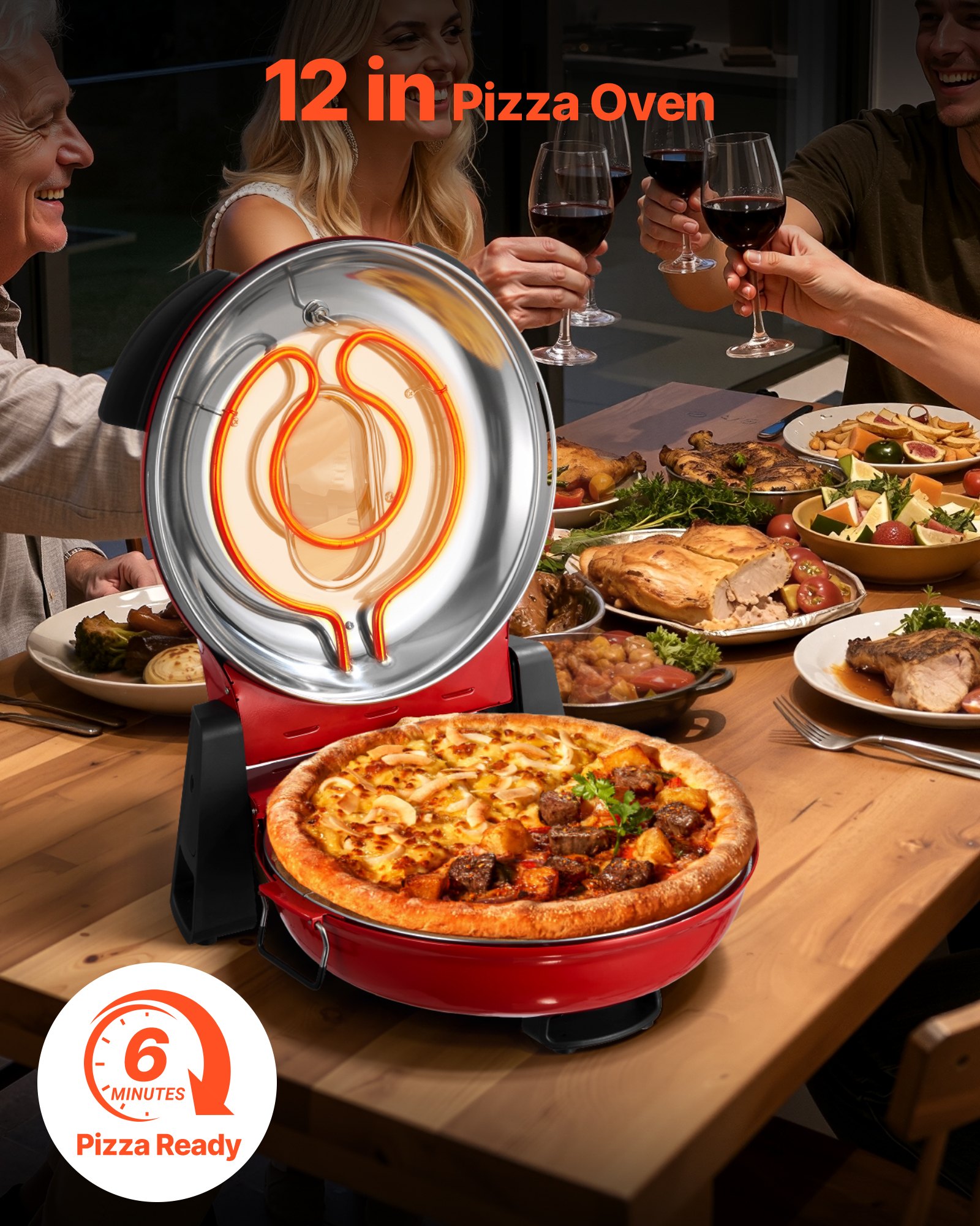 VEVOR Horno de Pizza Eléctrico de 1200 W, con Piedra de Cordierita, Control de Temperatura 5 Niveles, Ventana de Visualización para Una Cocción Precisa, hasta 420 °C, Rojo, 380 x 350 x 190 mm
