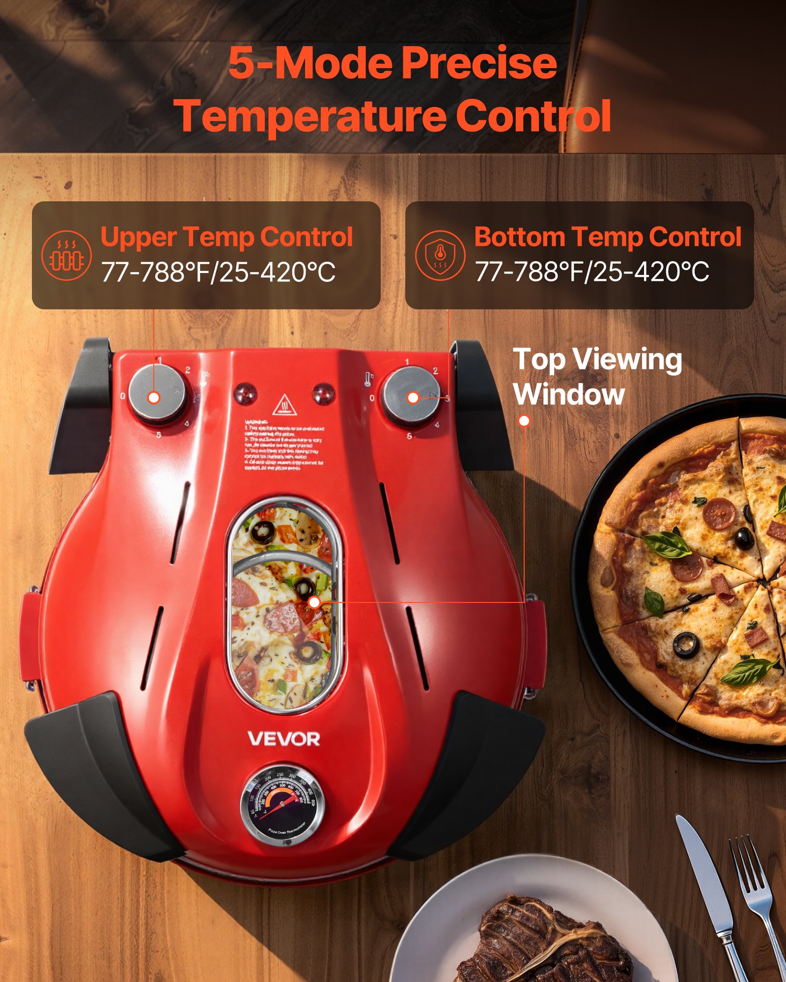 VEVOR Horno de Pizza Eléctrico de 1200 W, con Piedra de Cordierita, Control de Temperatura 5 Niveles, Ventana de Visualización para Una Cocción Precisa, hasta 420 °C, Rojo, 380 x 350 x 190 mm