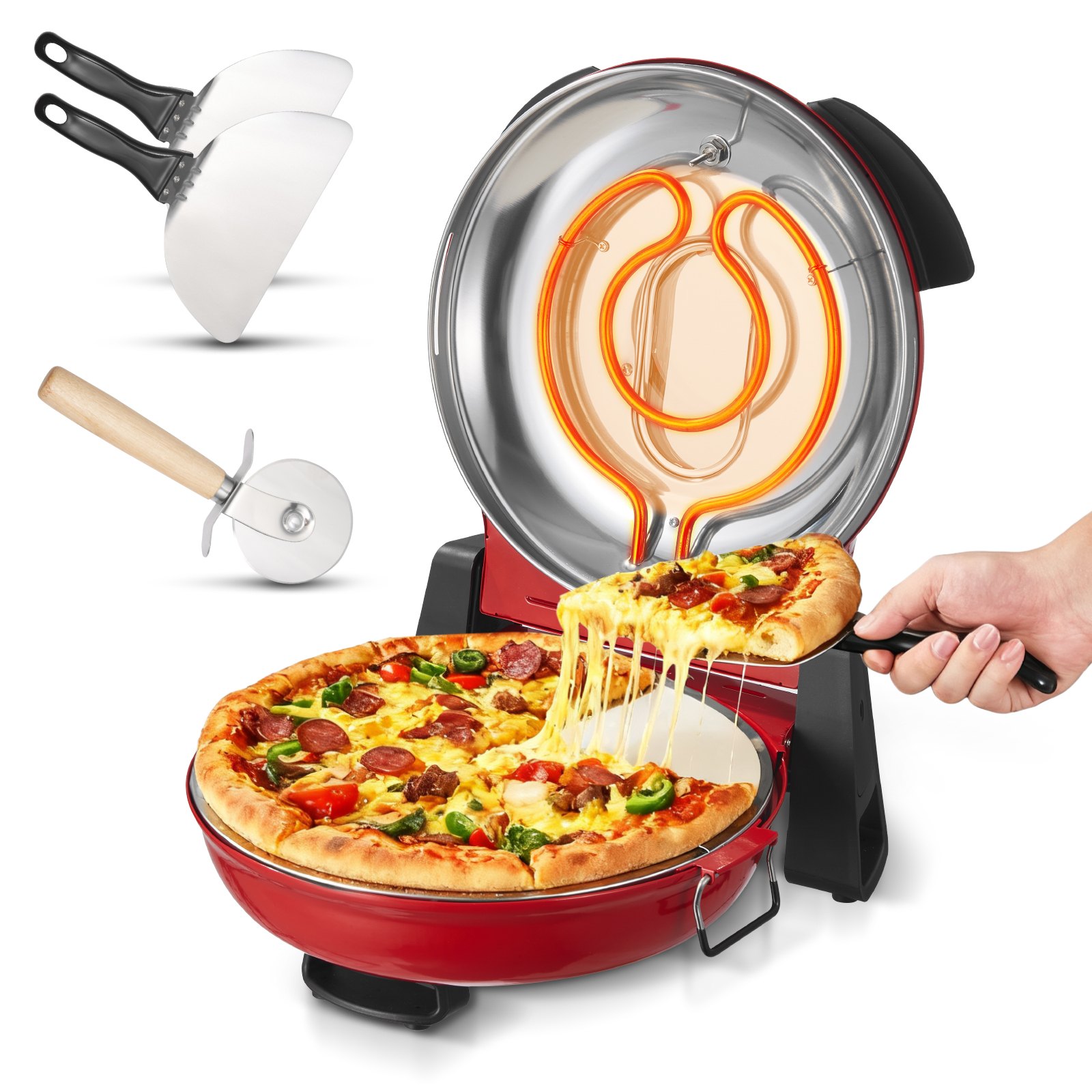 VEVOR Horno de Pizza Eléctrico de 1200 W, con Piedra de Cordierita, Control de Temperatura 5 Niveles, Ventana de Visualización para Una Cocción Precisa, hasta 420 °C, Rojo, 380 x 350 x 190 mm