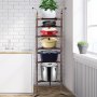 Soporte para utensilios de cocina VEVOR con varias ollas, sartenes y una planta exhibidos en una cocina moderna.