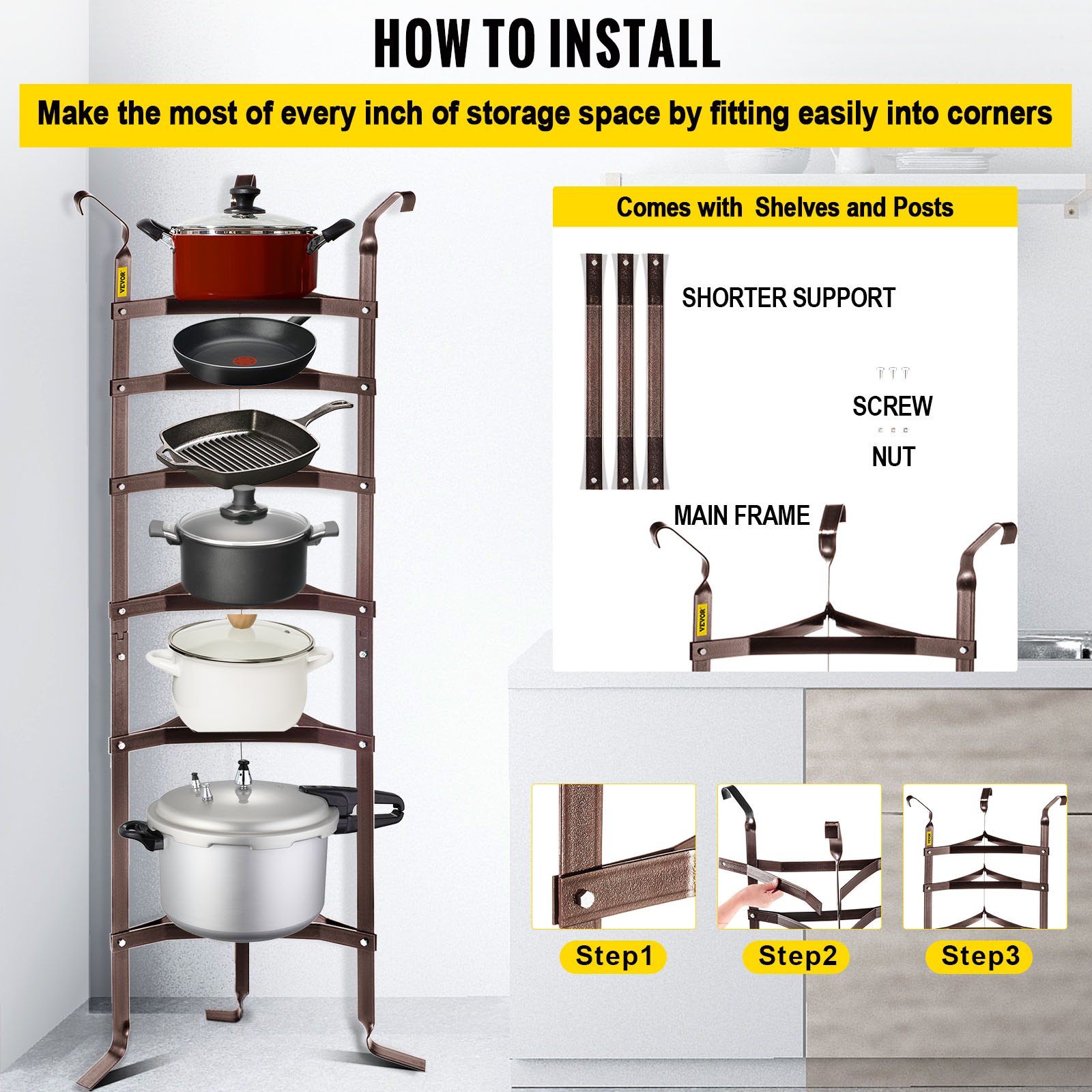 Soporte para utensilios de cocina VEVOR en esquina de cocina con ollas y sartenes, pasos de montaje mostrados.