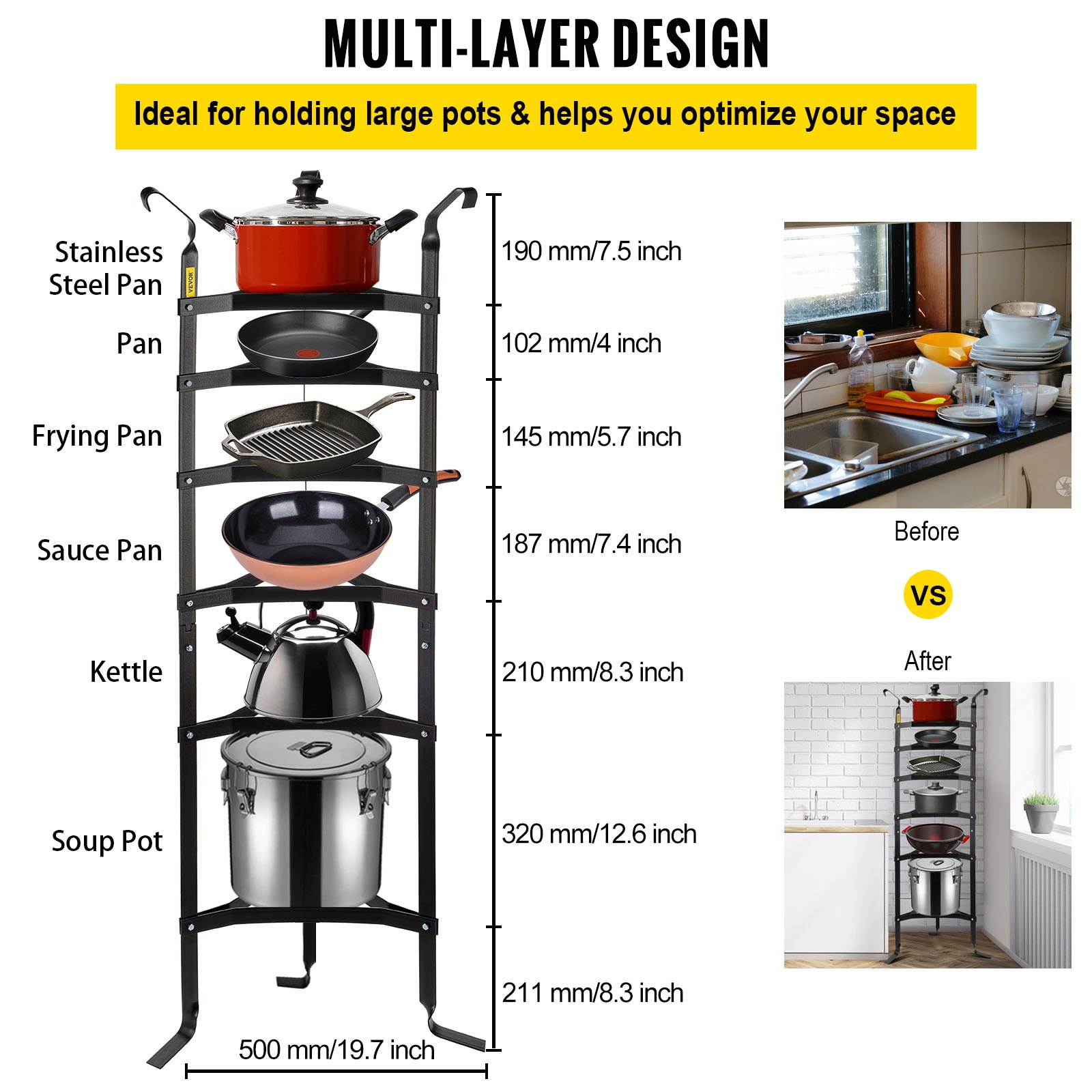 VEVOR Soporte para Utensilios de Cocina 6 Niveles, Estante Vertical para Almacenamiento de Cocina, Soporte para Almacenamiento de Cocina de Acero al Carbono para Sartenes, Ollas, Cestas, Negro Mate