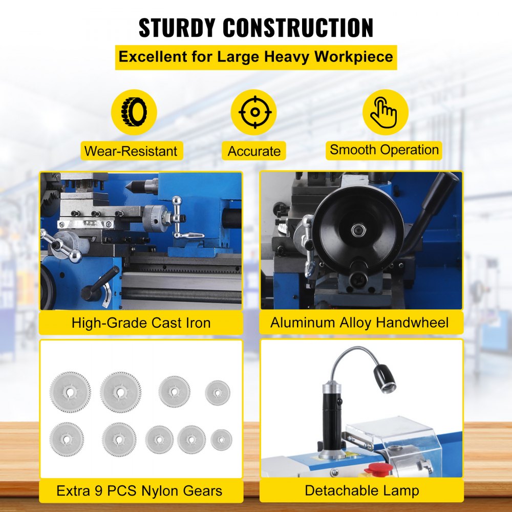VEVOR Mini Torno de Metal 220V 550 W Diámetro del Mandril 80 mm Torno de Precisión con 9 Cortadores Distancia entre Centros 300 mm Máquina de Torno para Fabricación de Buje, Husillo, Prototipo, Modelo