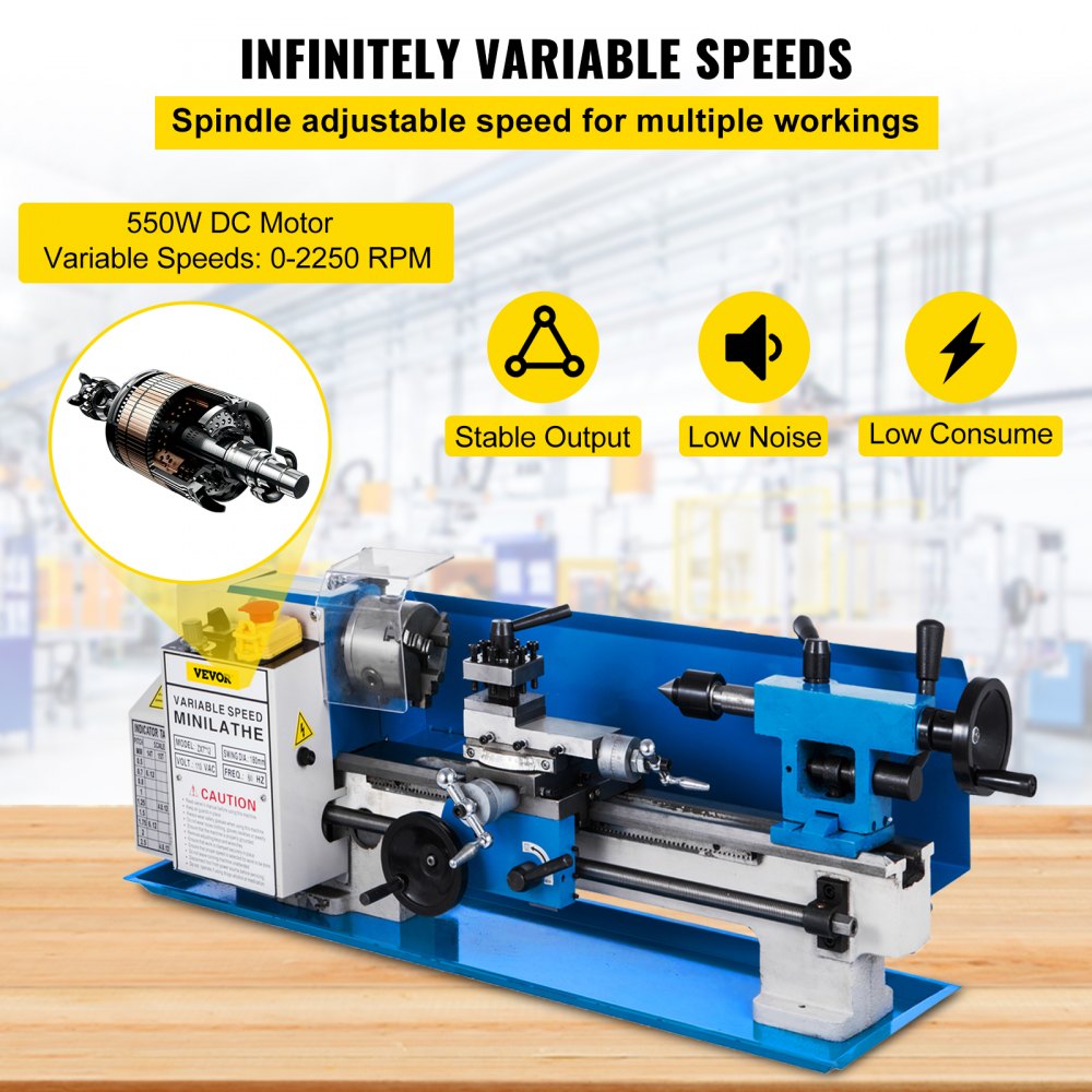 VEVOR Mini Torno de Metal 220V 550 W Diámetro del Mandril 80 mm Torno de Precisión con 9 Cortadores Distancia entre Centros 300 mm Máquina de Torno para Fabricación de Buje, Husillo, Prototipo, Modelo
