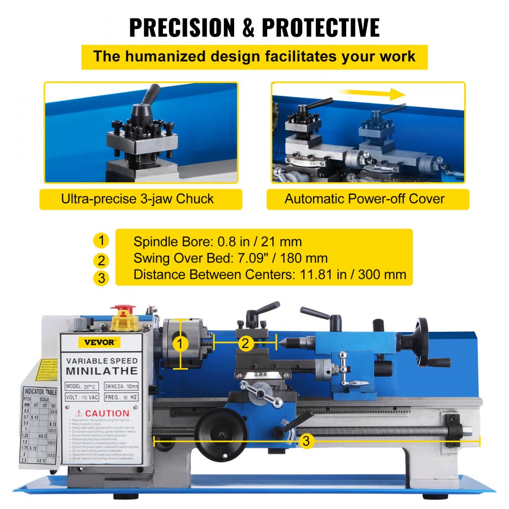 VEVOR Mini Torno de Metal 220V 550 W Diámetro del Mandril 80 mm Torno de Precisión con 9 Cortadores Distancia entre Centros 300 mm Máquina de Torno para Fabricación de Buje, Husillo, Prototipo, Modelo