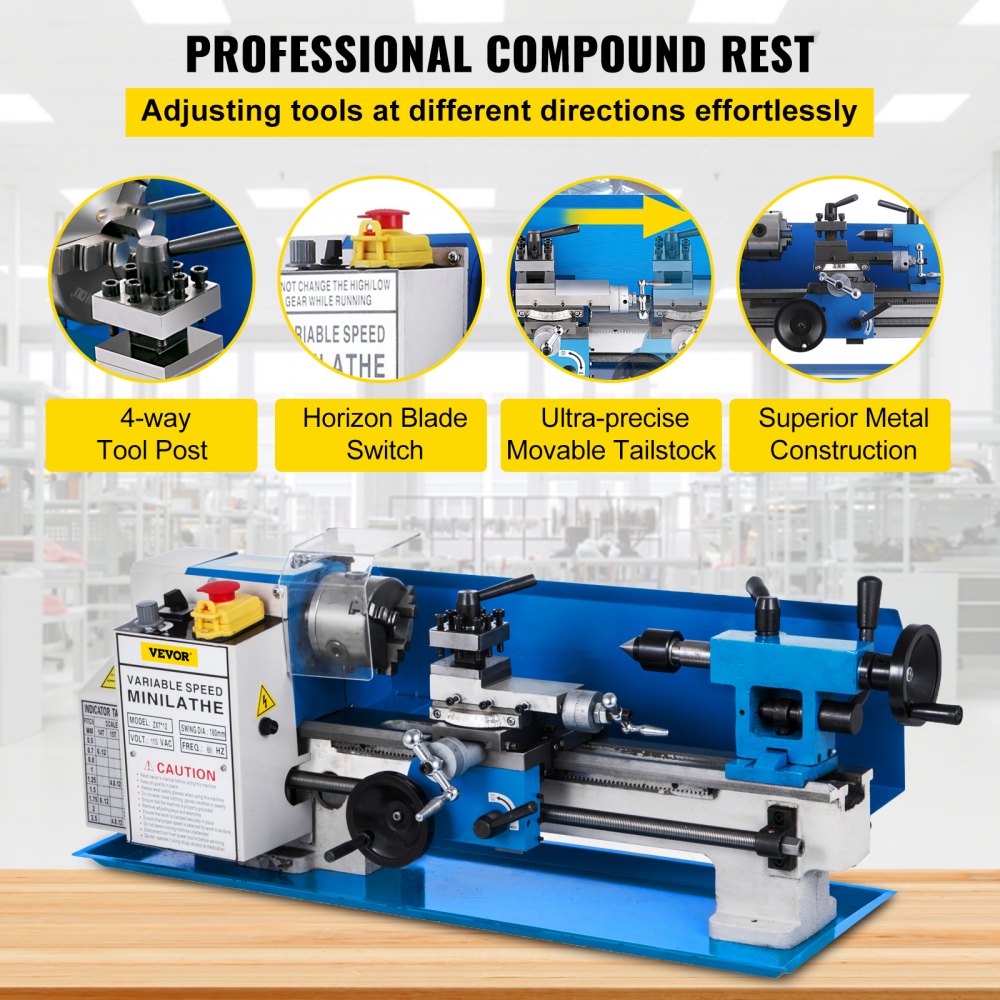 VEVOR Mini Torno de Metal 220V 550 W Diámetro del Mandril 80 mm Torno de Precisión con 9 Cortadores Distancia entre Centros 300 mm Máquina de Torno para Fabricación de Buje, Husillo, Prototipo, Modelo