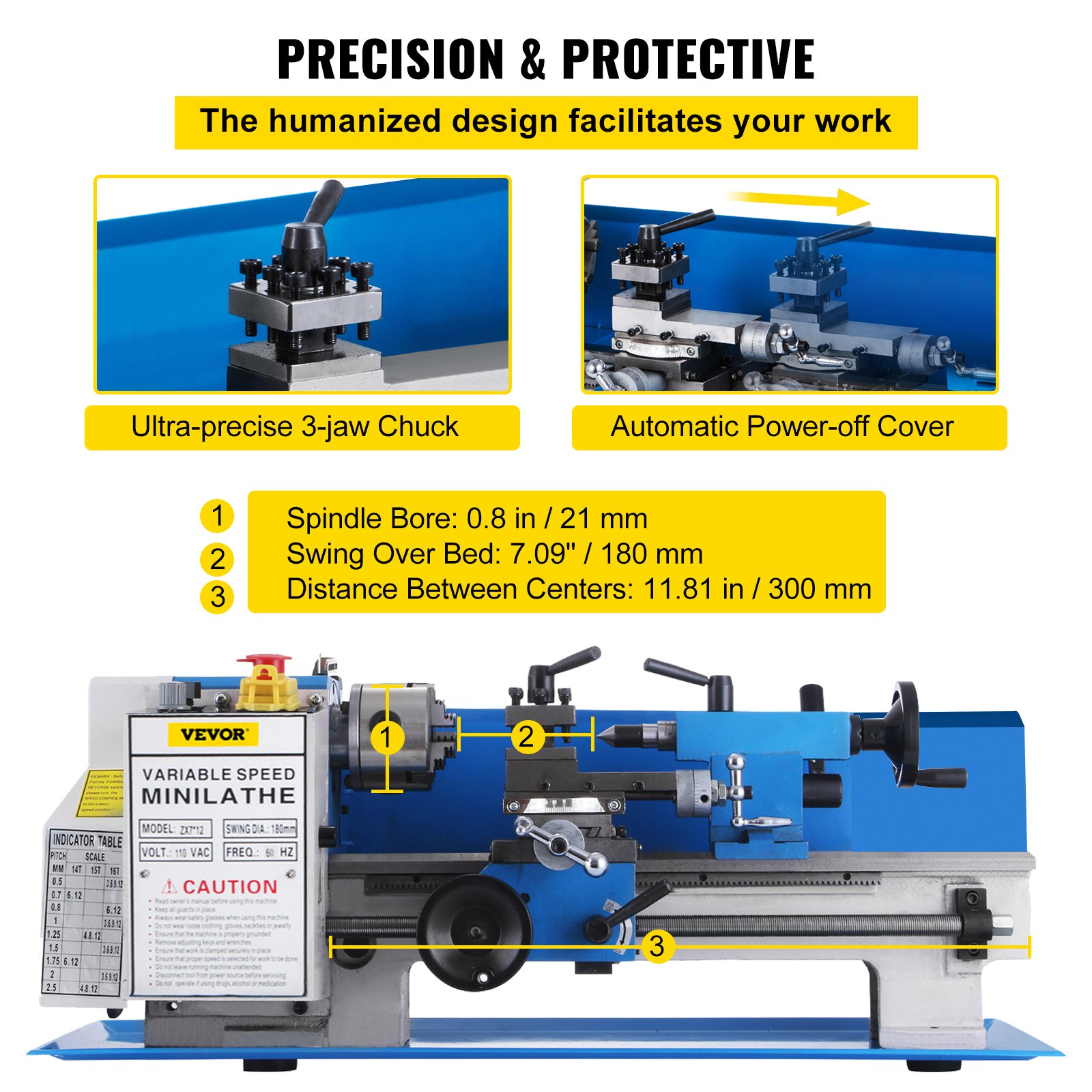 VEVOR Mini Torno de Metal 220V 550 W Diámetro del Mandril 80 mm Torno de Precisión con 9 Cortadores Distancia entre Centros 300 mm Máquina de Torno para Fabricación de Buje, Husillo, Prototipo, Modelo